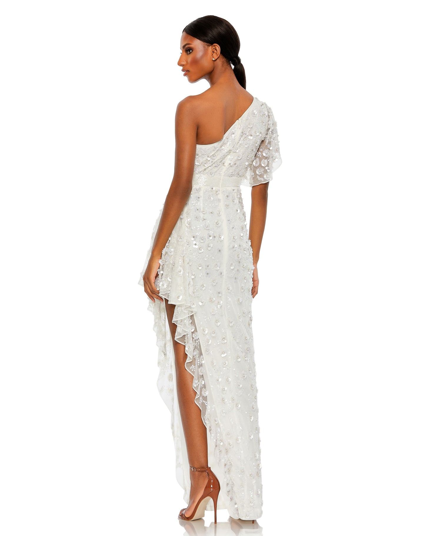 One Shoulder Beaded Embellished Gown with Asymmetrical Hem