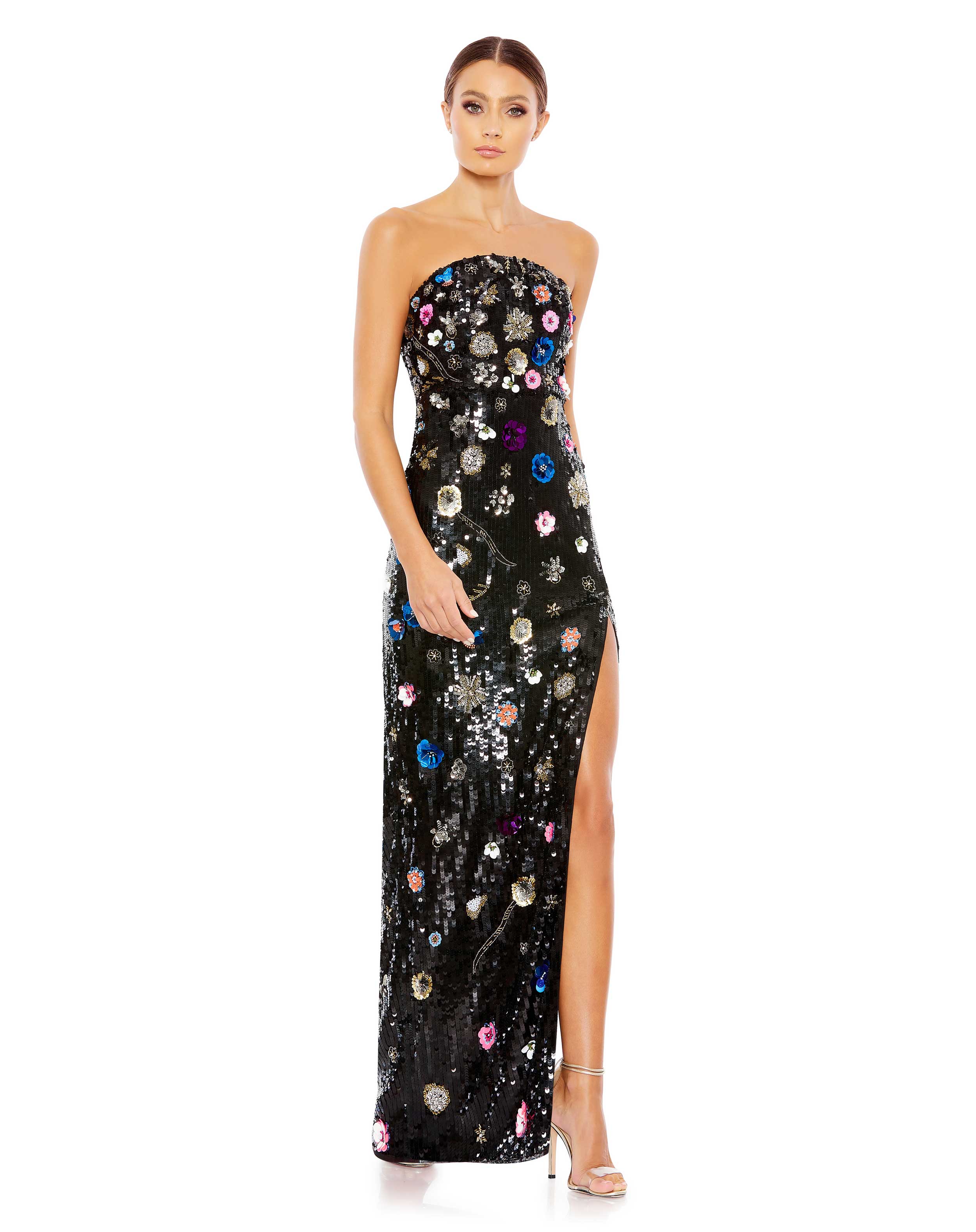 Floral Sequined Strapless Column Gown