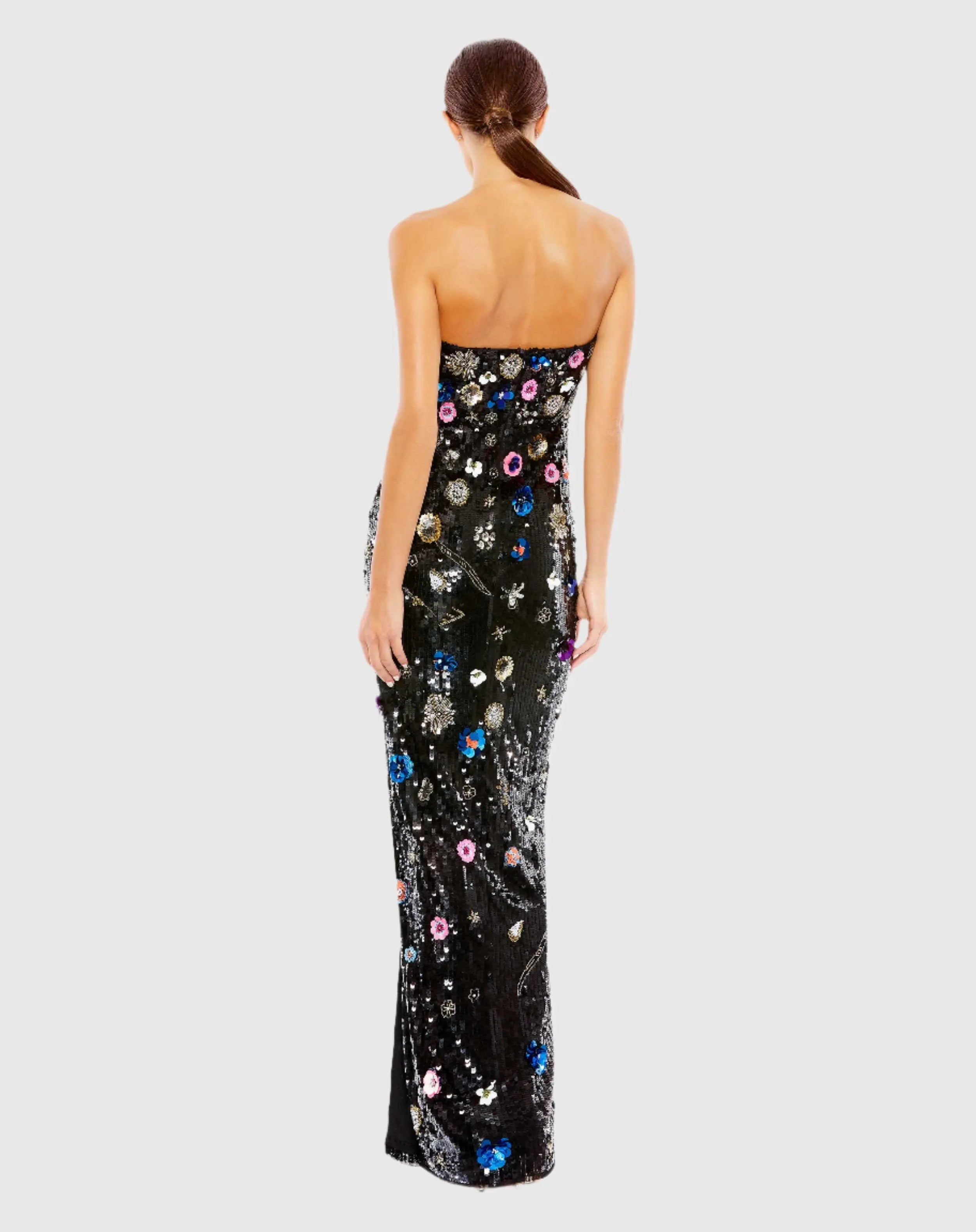 Black Floral Sequined Strapless Column Gown - Mac Duggal