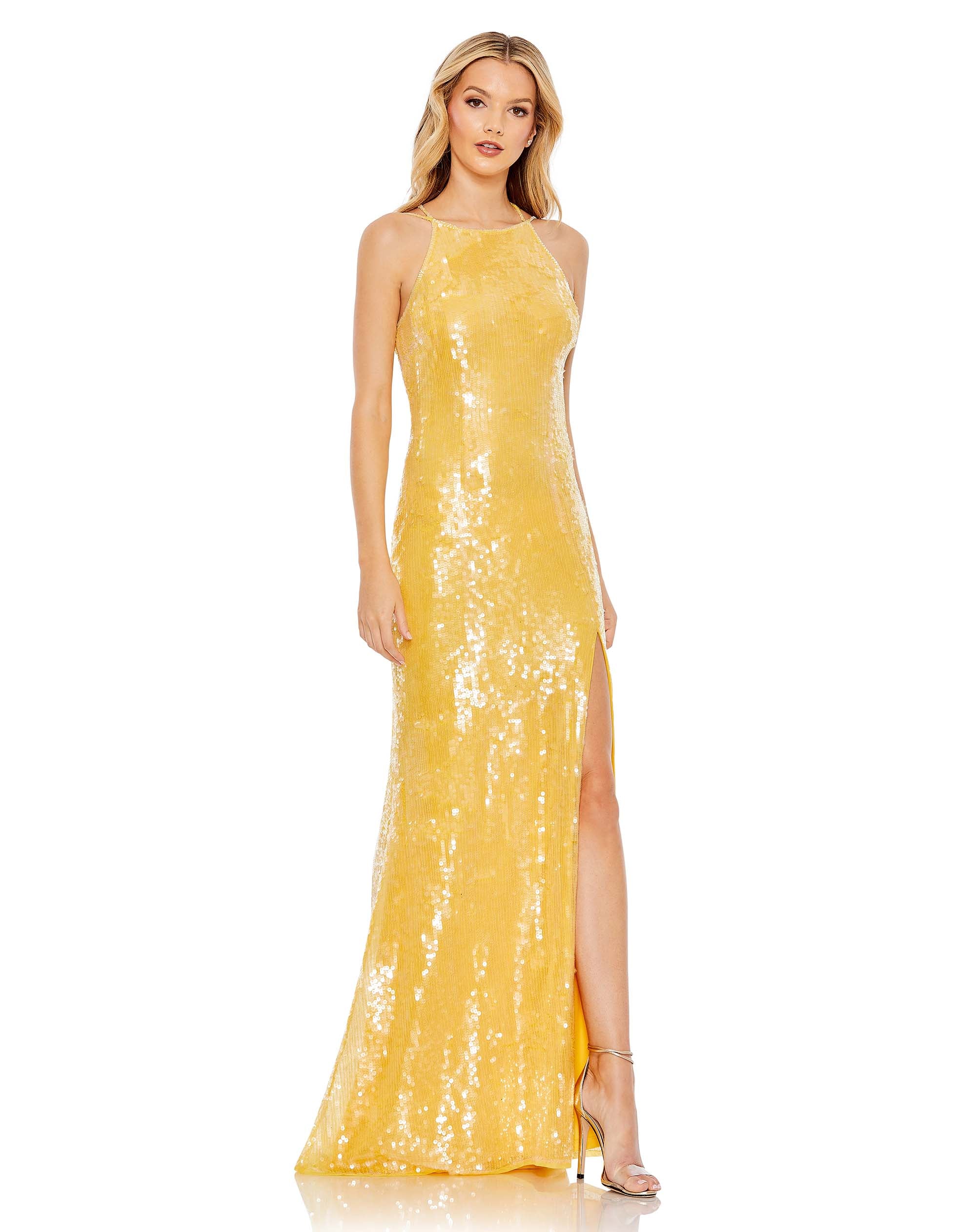 Sequined High Neck Strappy Low Back Gown