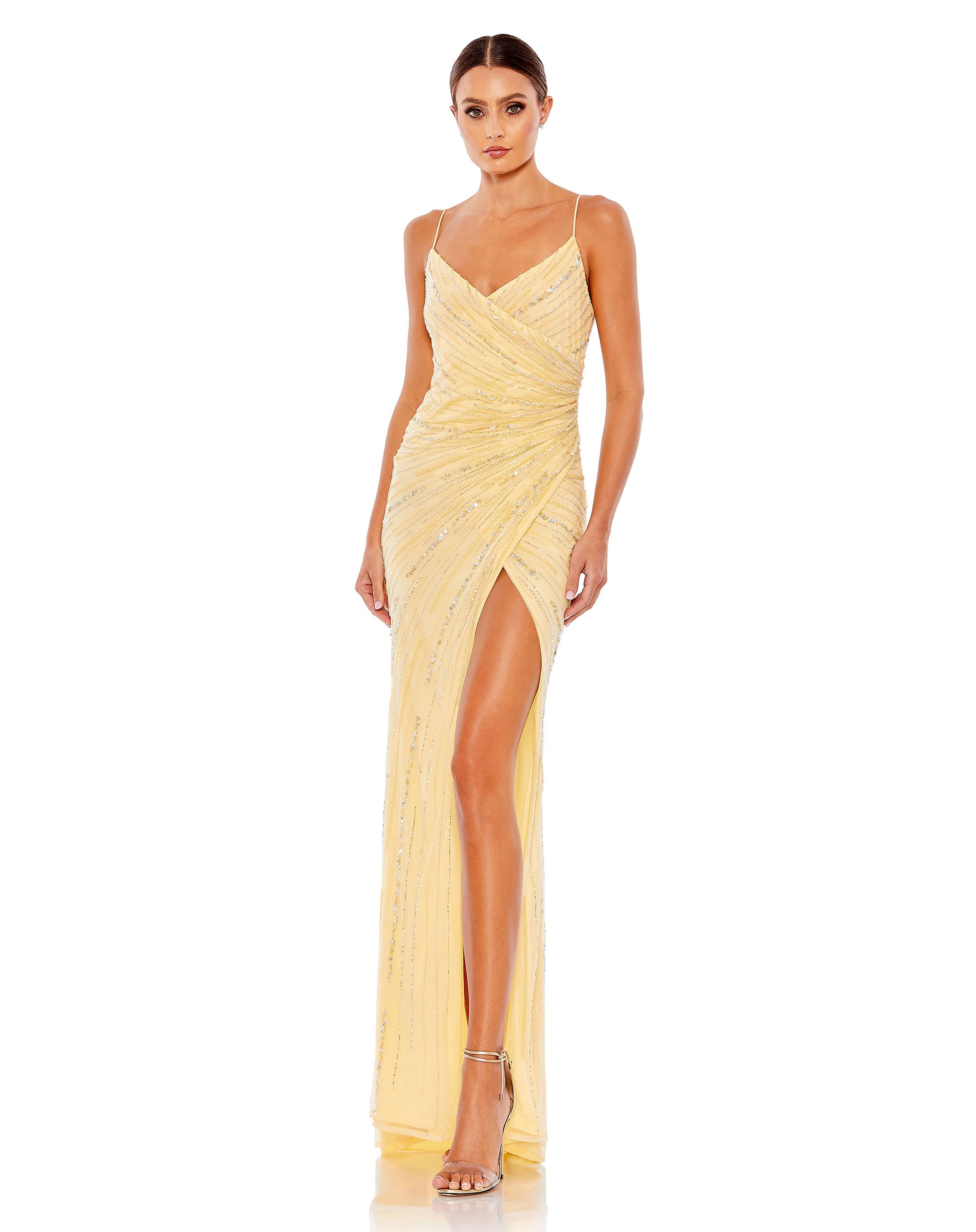 Beaded Sleeveless Faux Wrap Gown