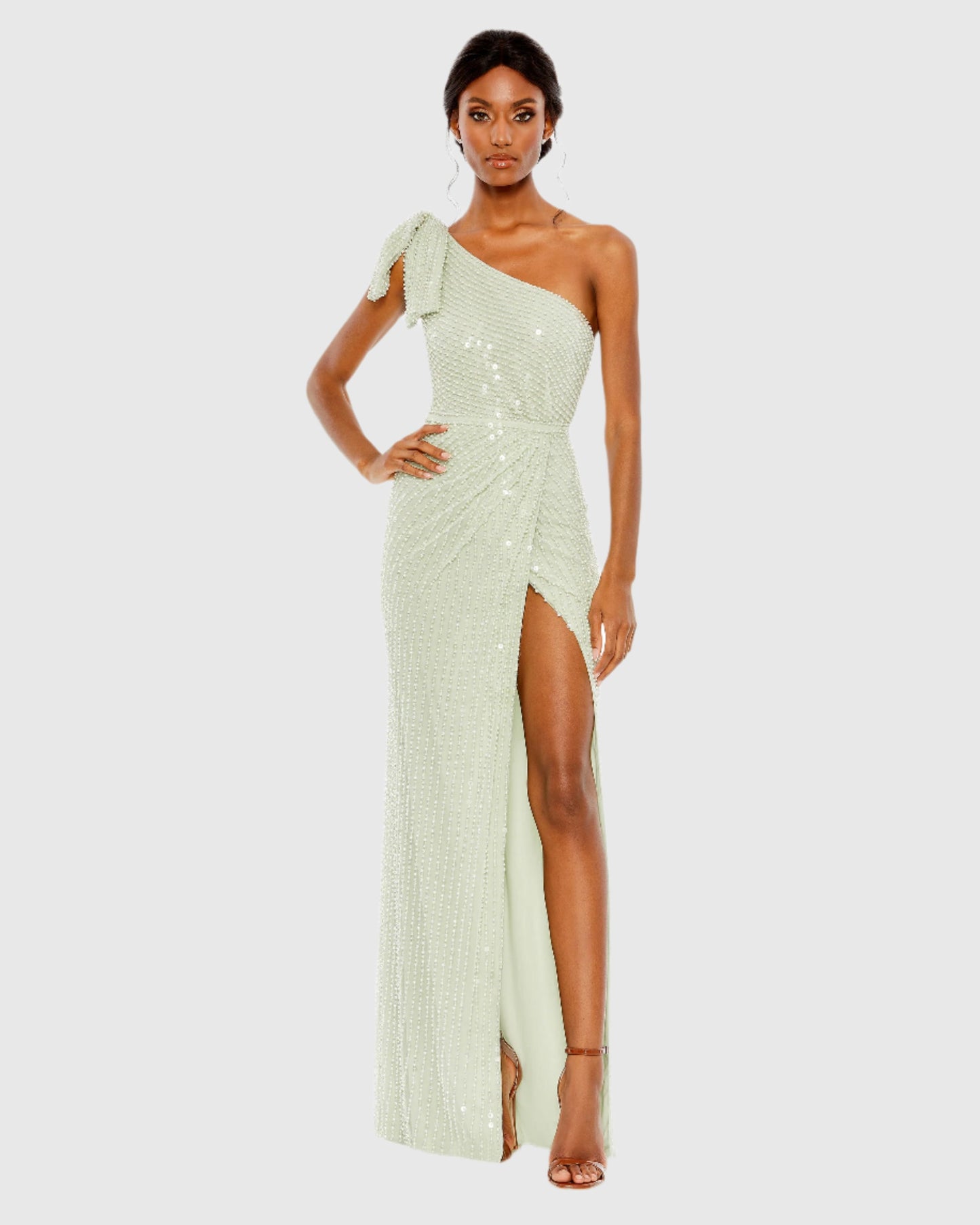 Pearl Embellished Soft Tie One Shoulder Gown