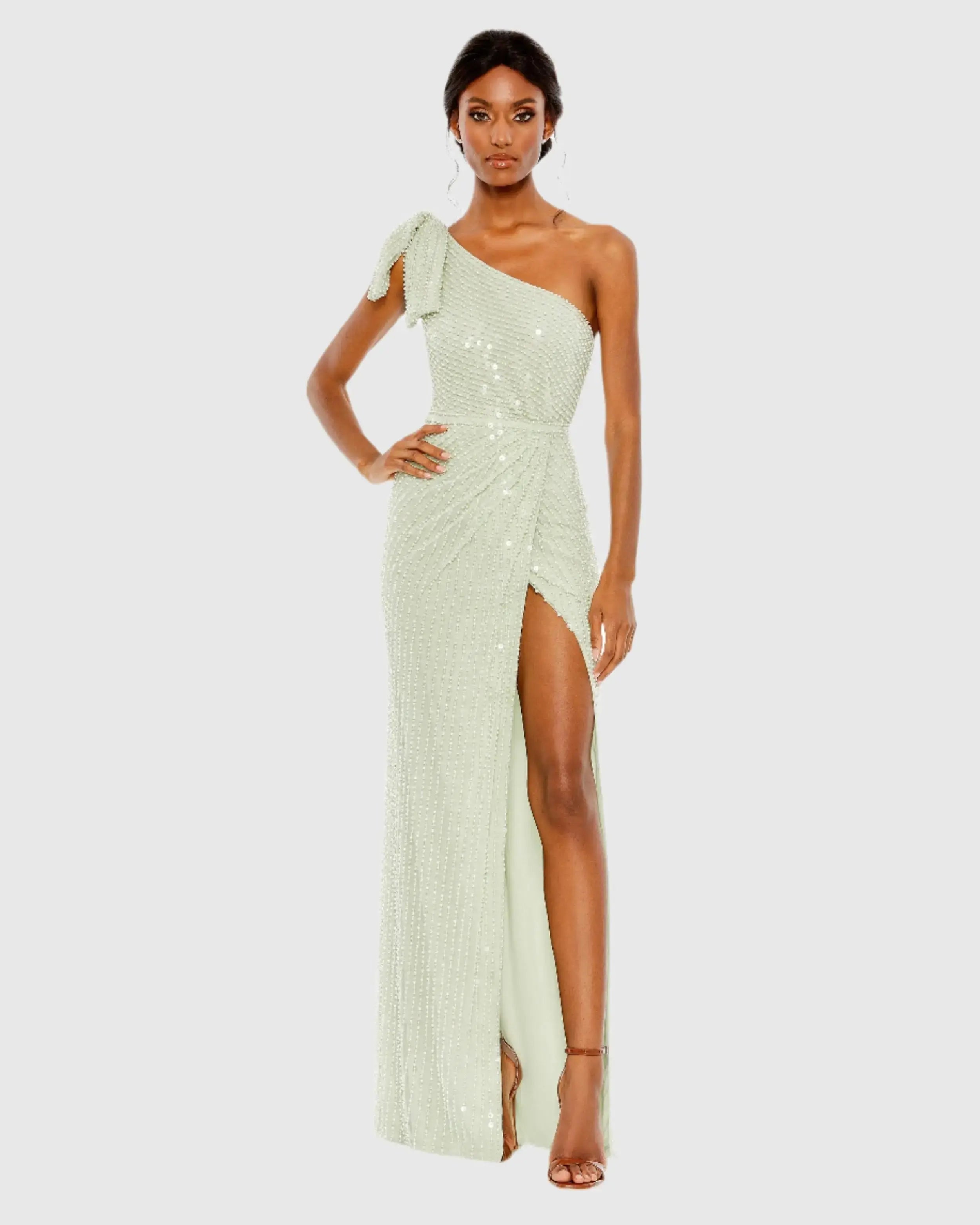 Green Pearl Embellished Soft Tie One Shoulder Gown