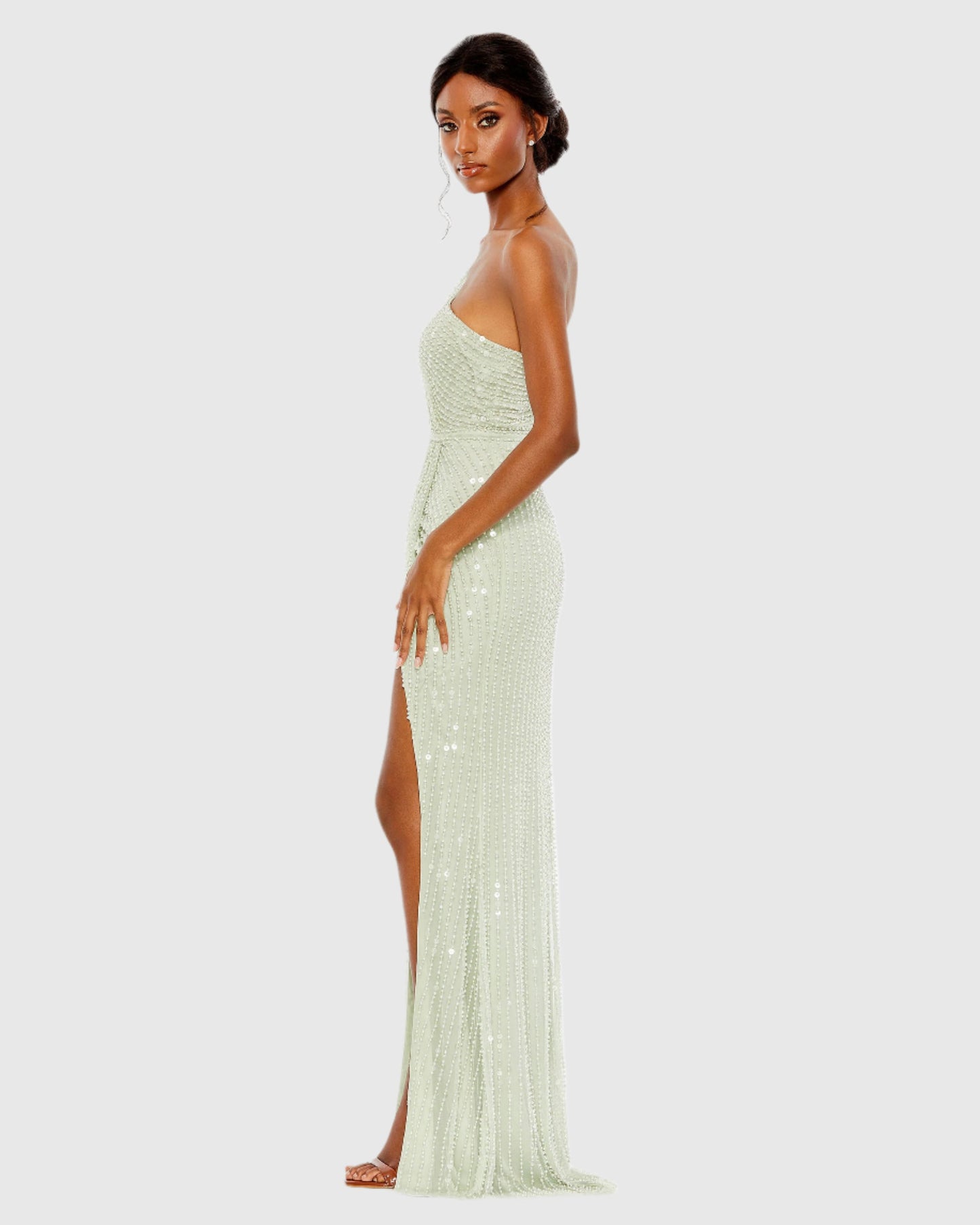 Pearl Embellished Soft Tie One Shoulder Gown