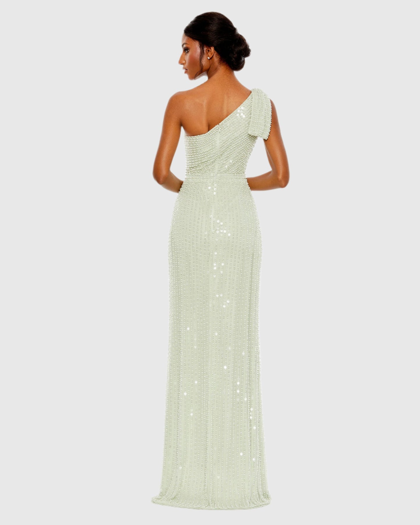 Pearl Embellished Soft Tie One Shoulder Gown