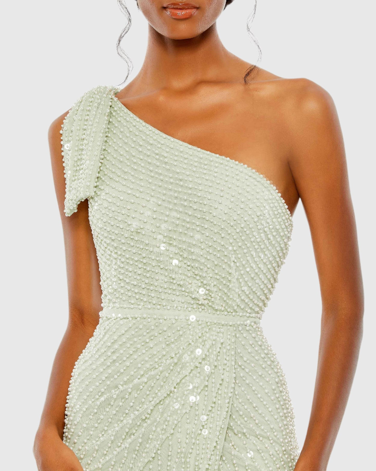 Pearl Embellished Soft Tie One Shoulder Gown