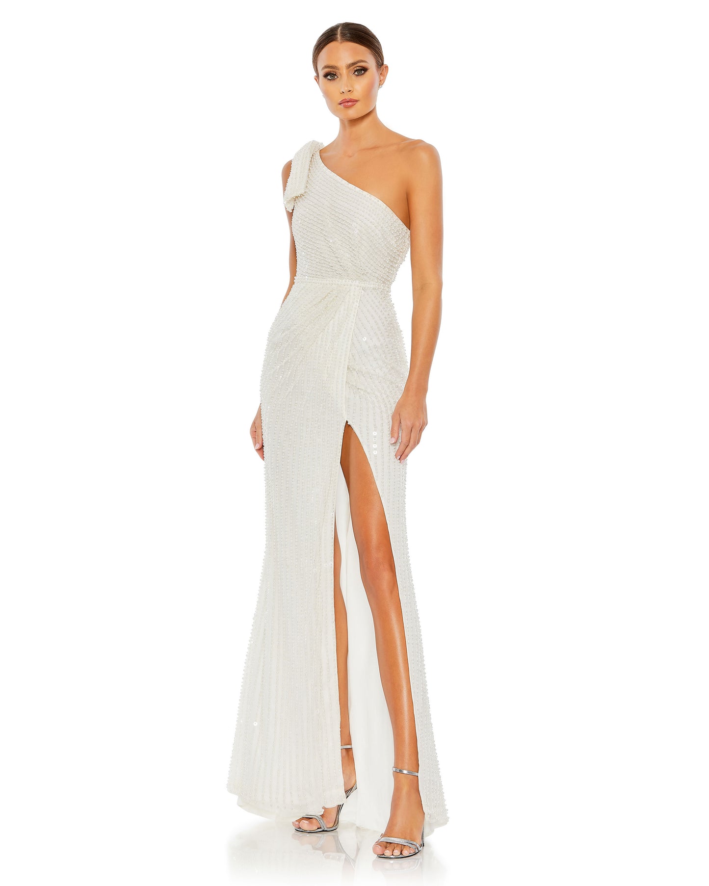 Weiches One-Shoulder-Kleid mit Perlenverzierung und Bindeband