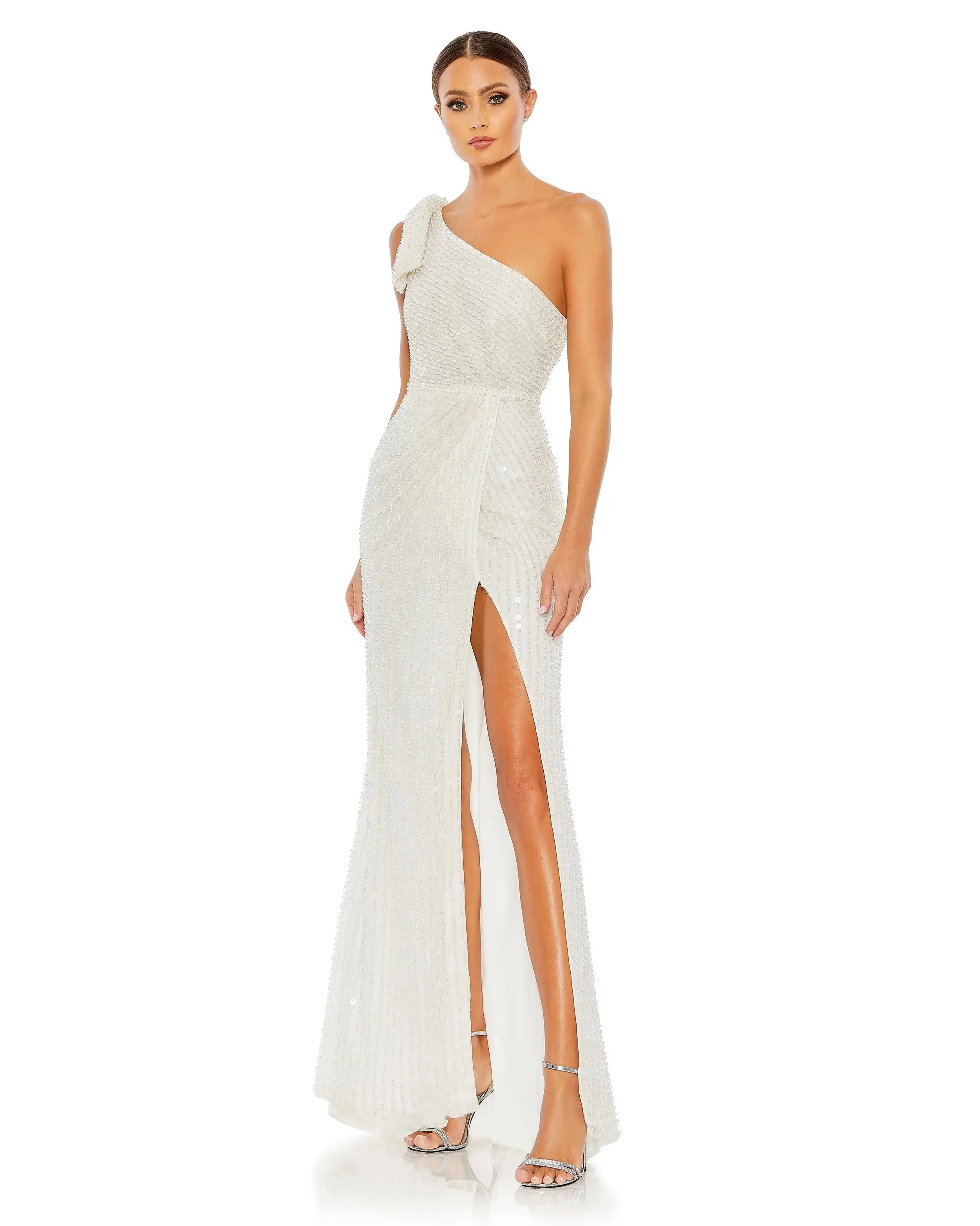 White Pearl Embellished Soft Tie One Shoulder Gown