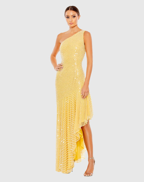 Yellow One Shoulder Asymmetrical Hem Dress