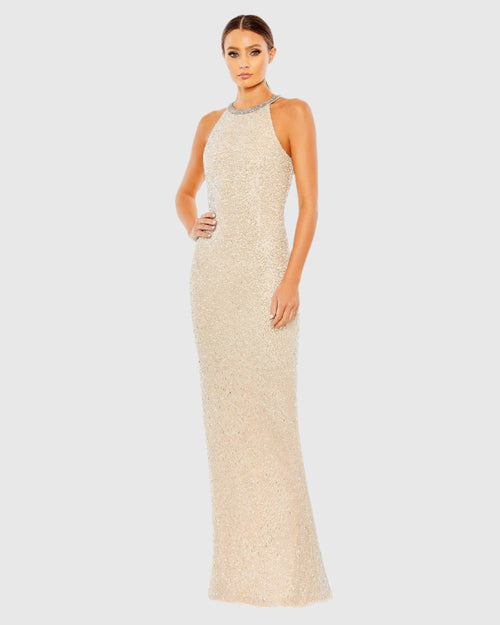 Beaded Sleeveless High Neck Column Gown