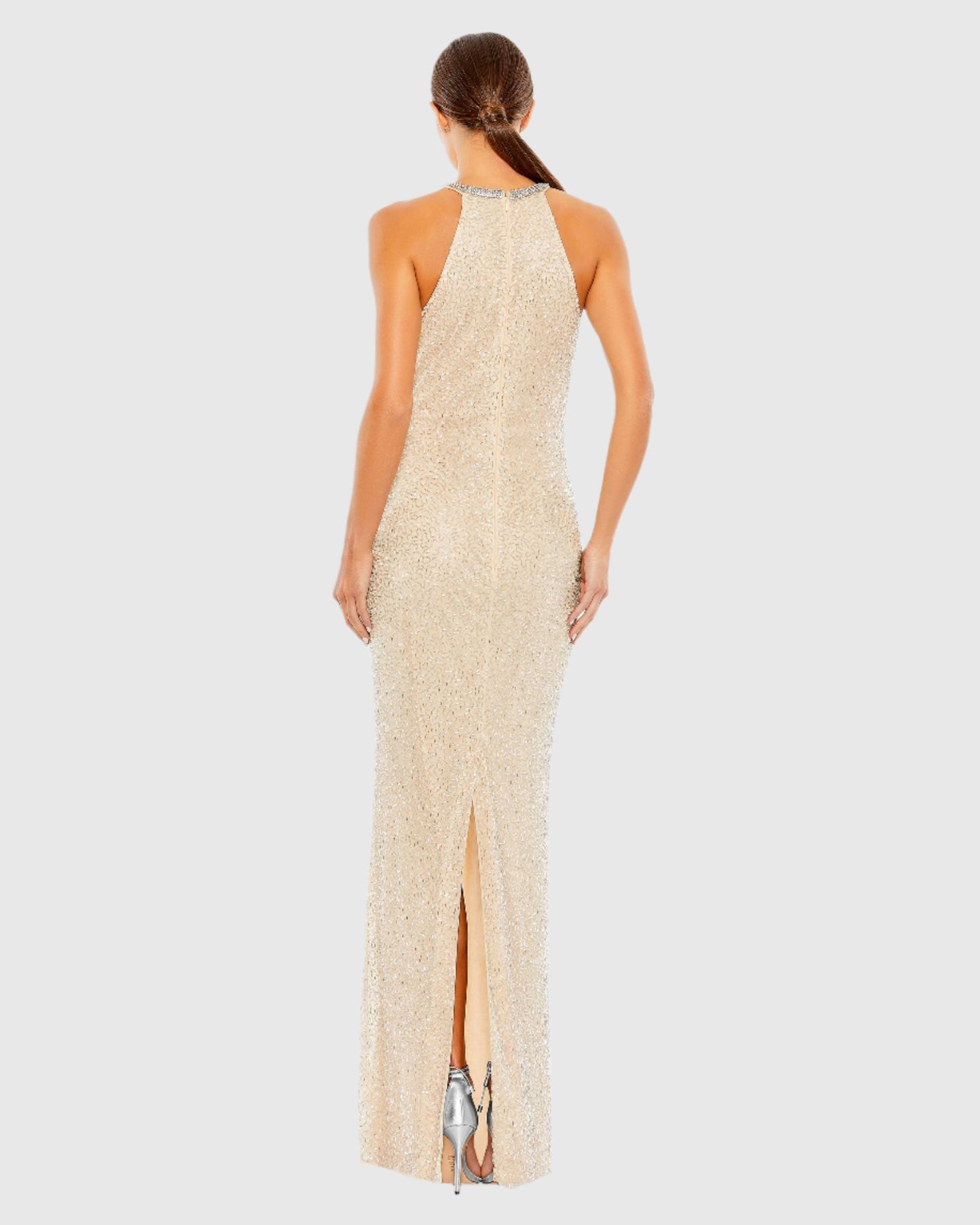 Beaded Sleeveless High Neck Column Gown