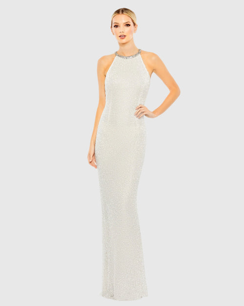 Beaded Sleeveless High Neck Column Gown