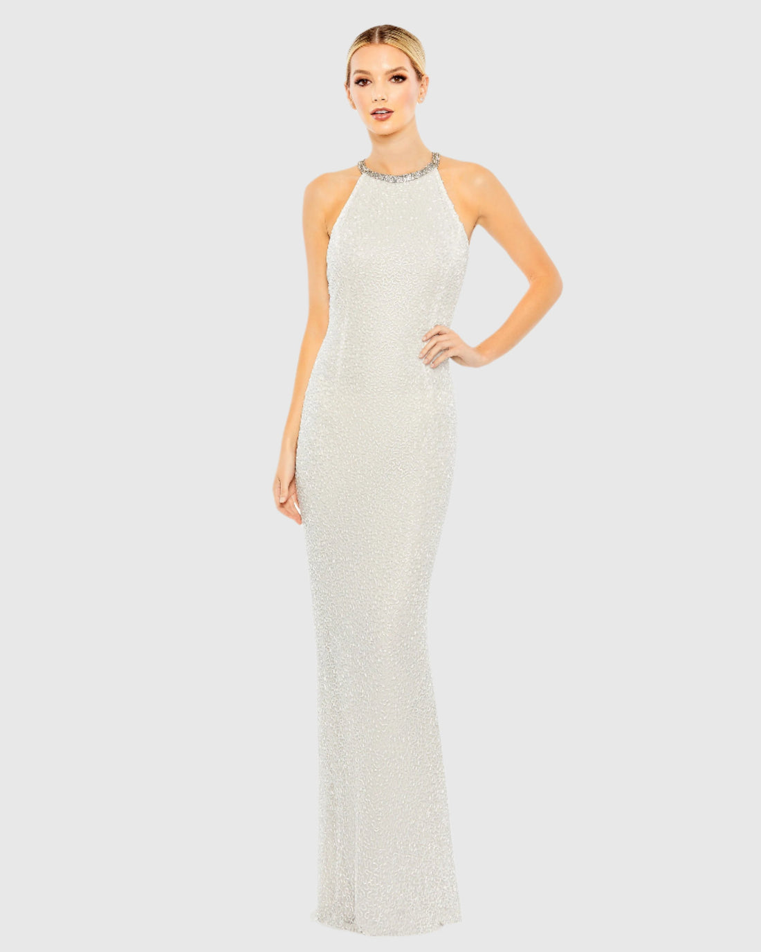 Beaded Sleeveless High Neck Column Gown