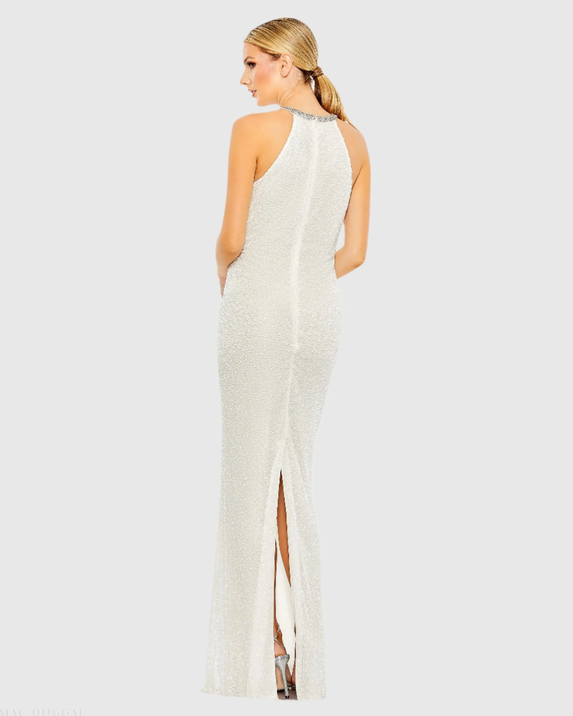 White Beaded Sleeveless High Neck Column Gown | Mac Duggal White Beaded Sleeveless High Neck Column Gown | Mac Duggal