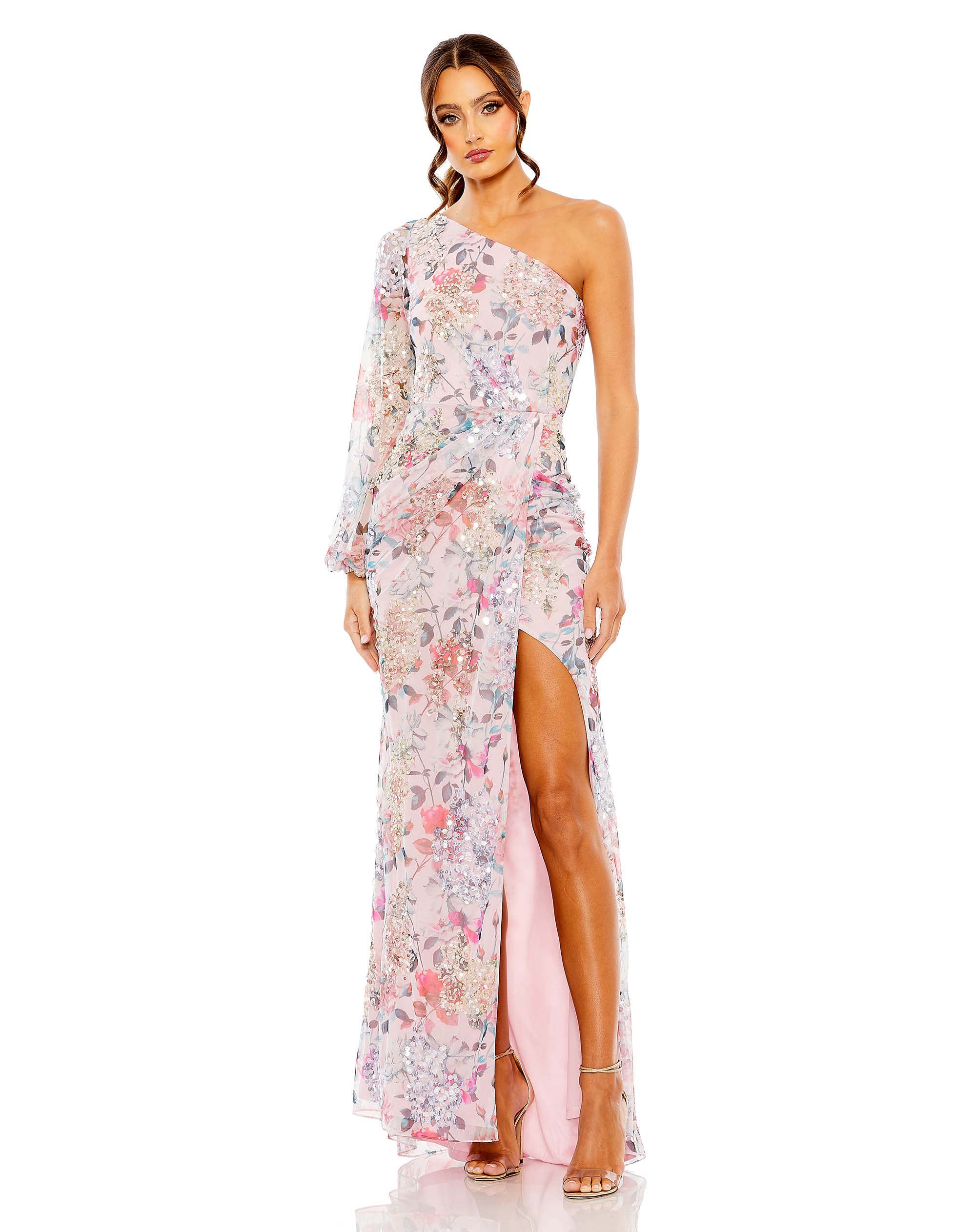 Sequined Floral Print One Sleeve Faux Wrap Gown – Mac Duggal