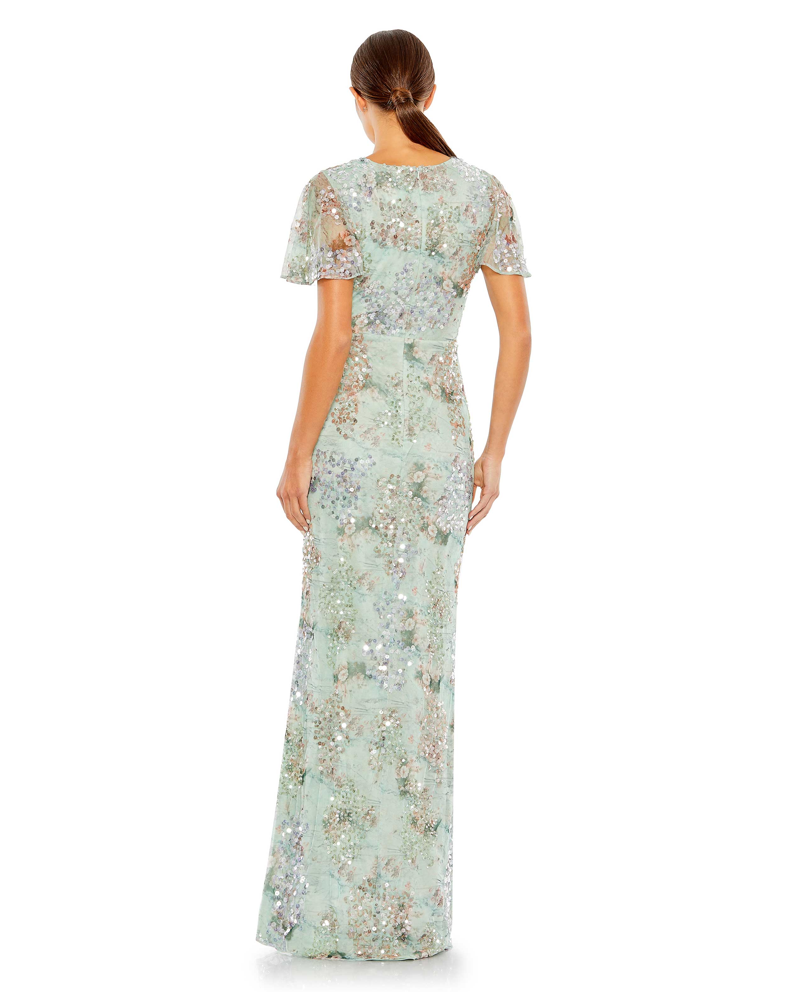 Embellished Butterfly Sleeve Faux Wrap Gown