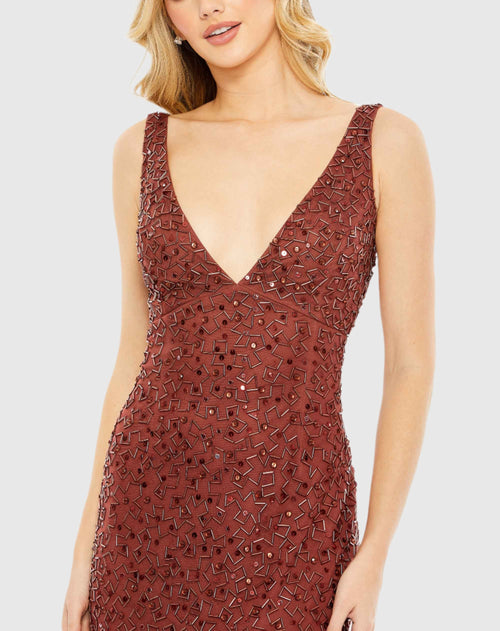 Sleeveless Sequined V-Neck Gown