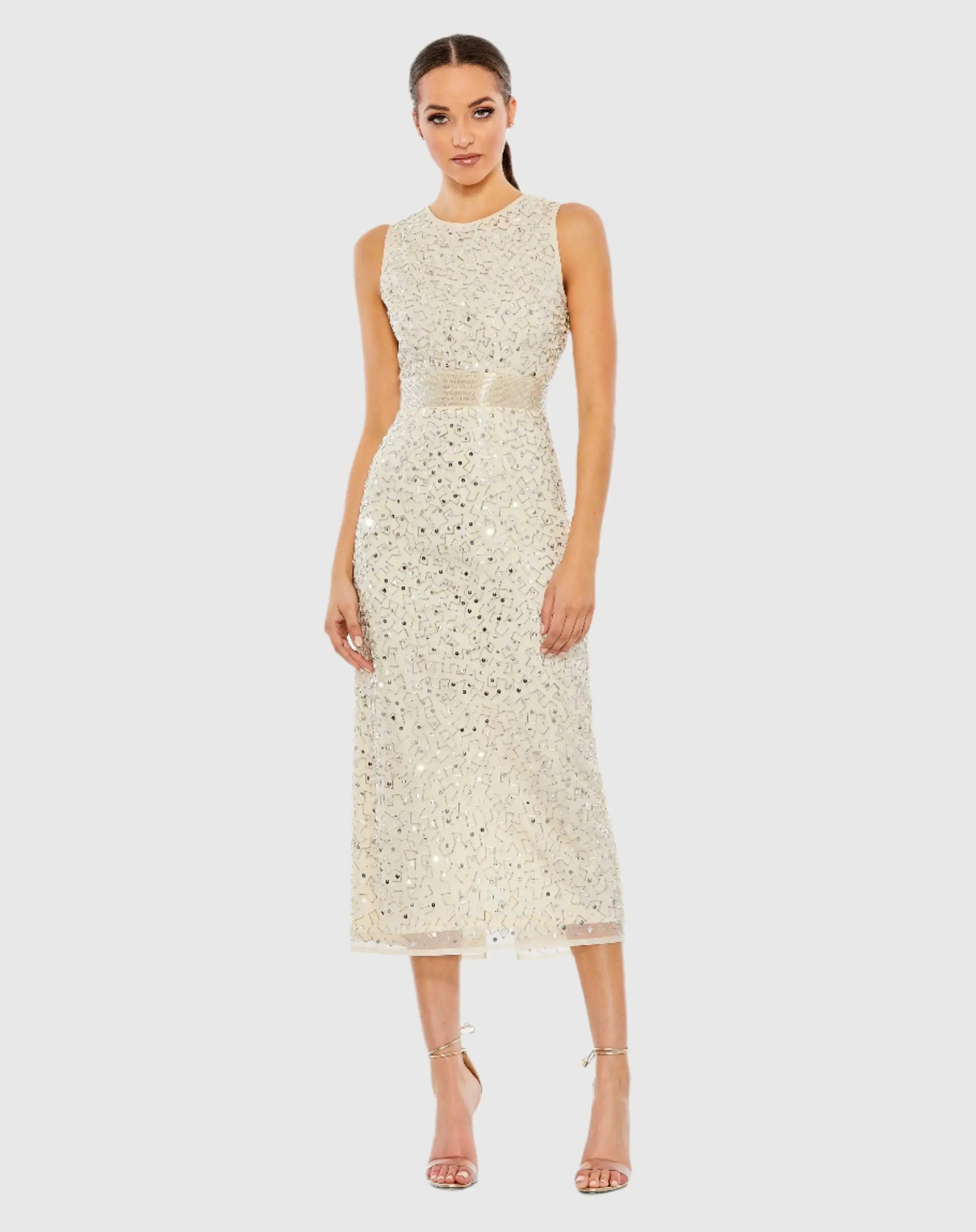 White Geometric Embellished Sleeveless Column Dress