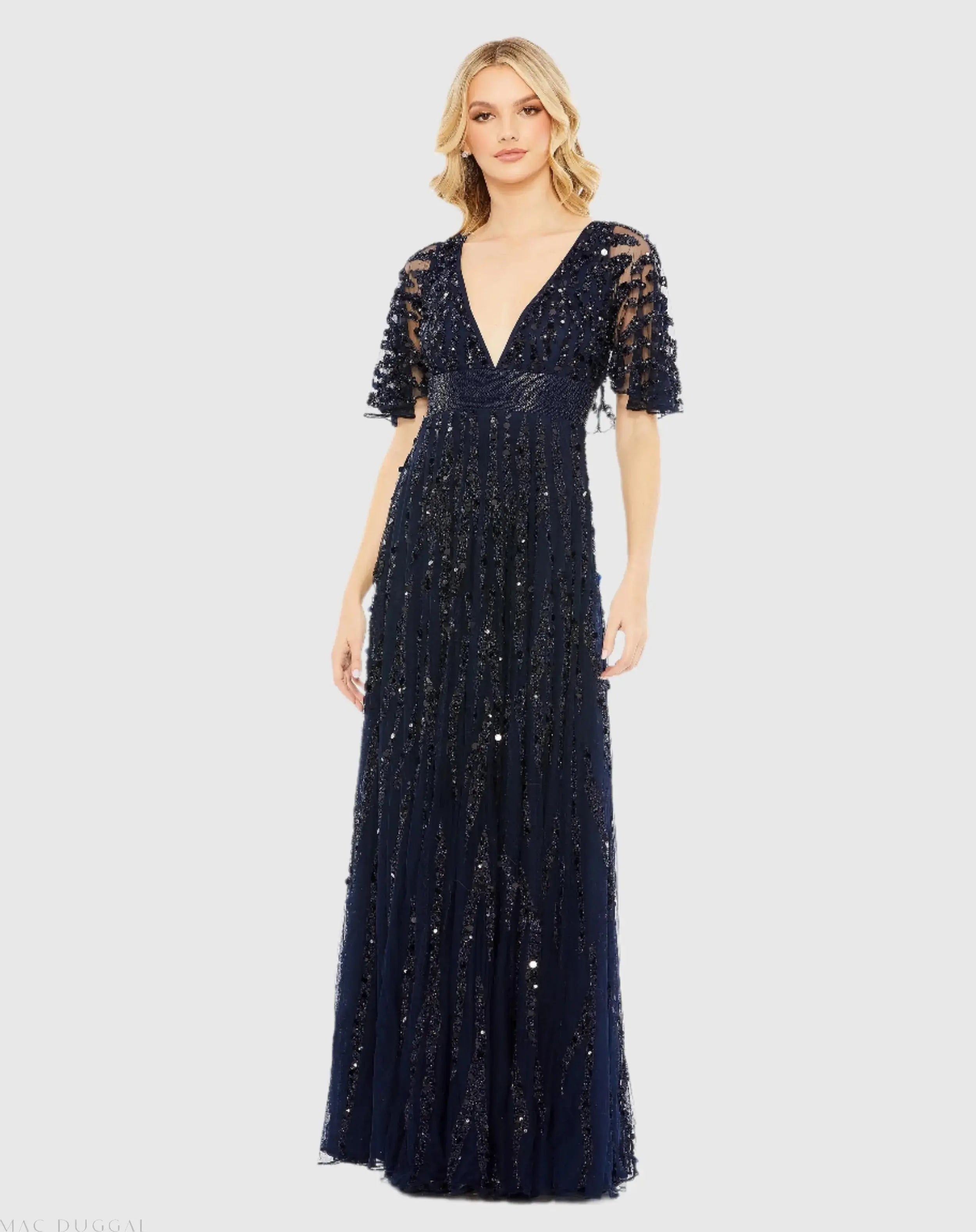 Navy Embellished V-neck Empire Waist Gown - Mac Duggal