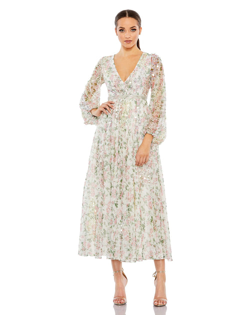 Embellished Floral Print Faux Wrap A Line Dress