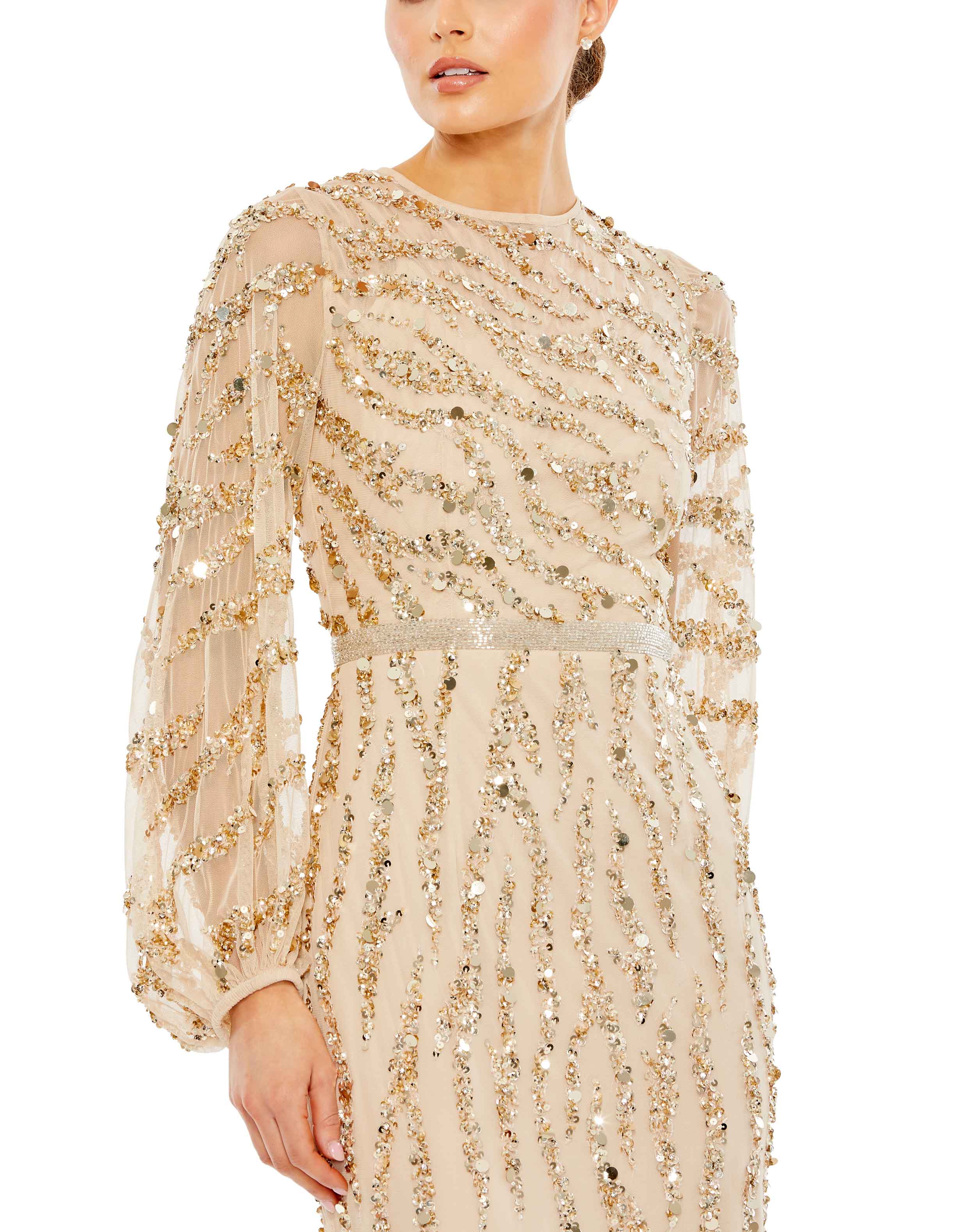 Embellished High Neck Puff Sleeve Trumpet Gown