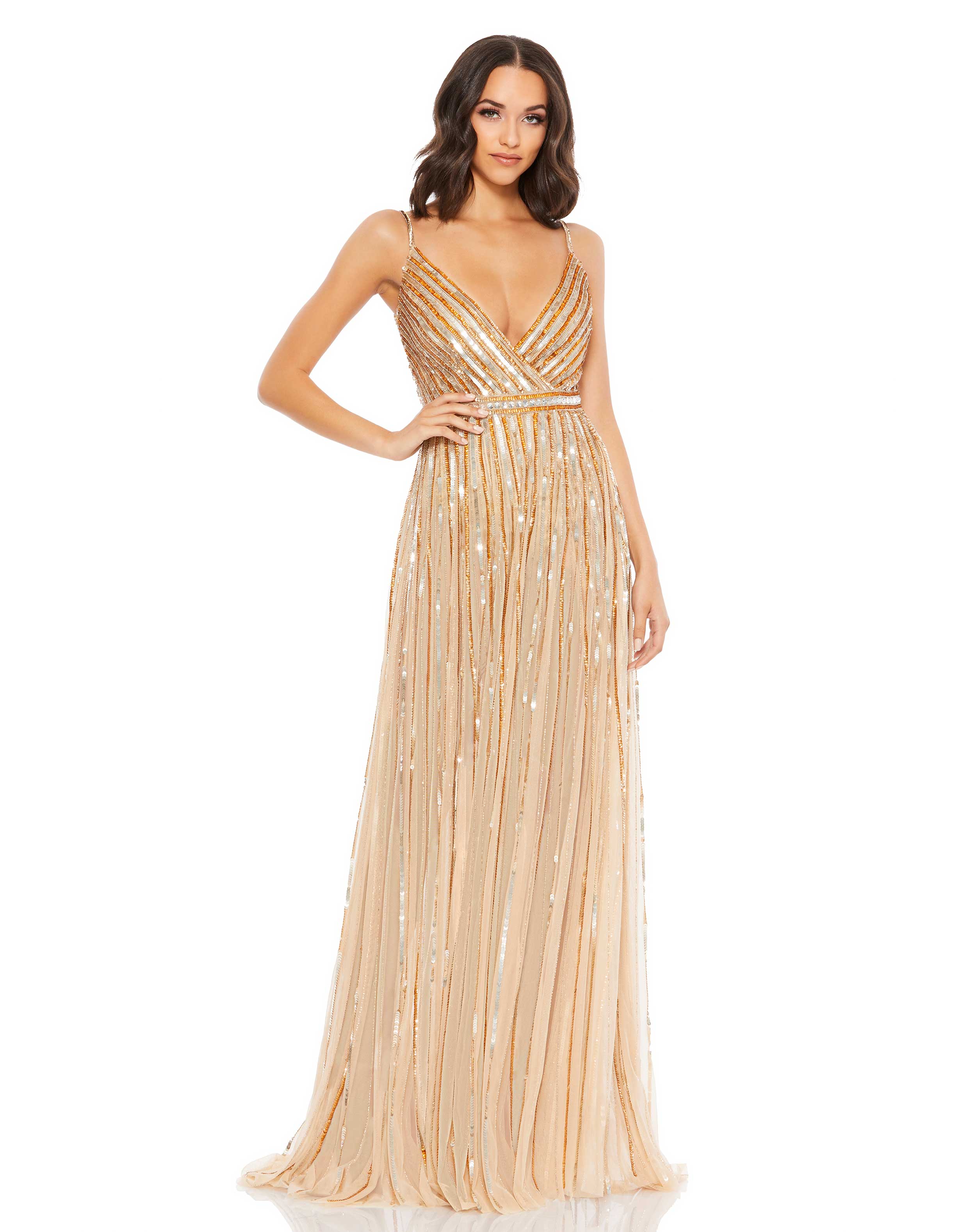 Sequined Wrap Over Sleeveless Gown
