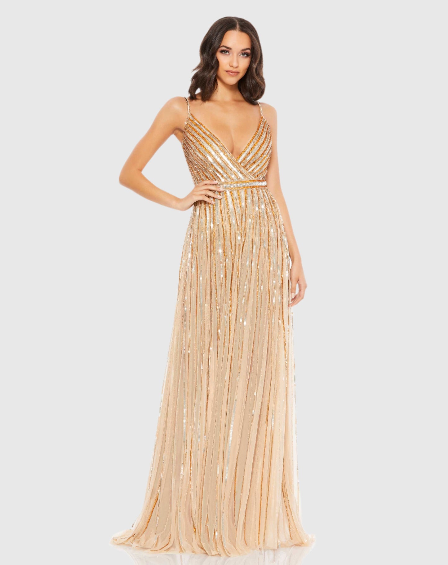 Sequined Wrap Over Sleeveless Gown