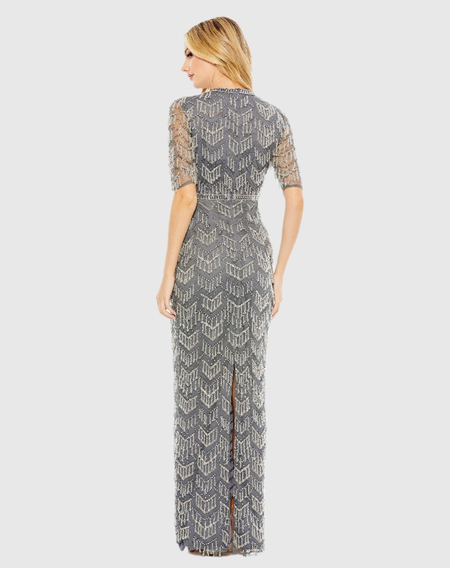 Beaded Fringe Quarter Sleeve Column Gown