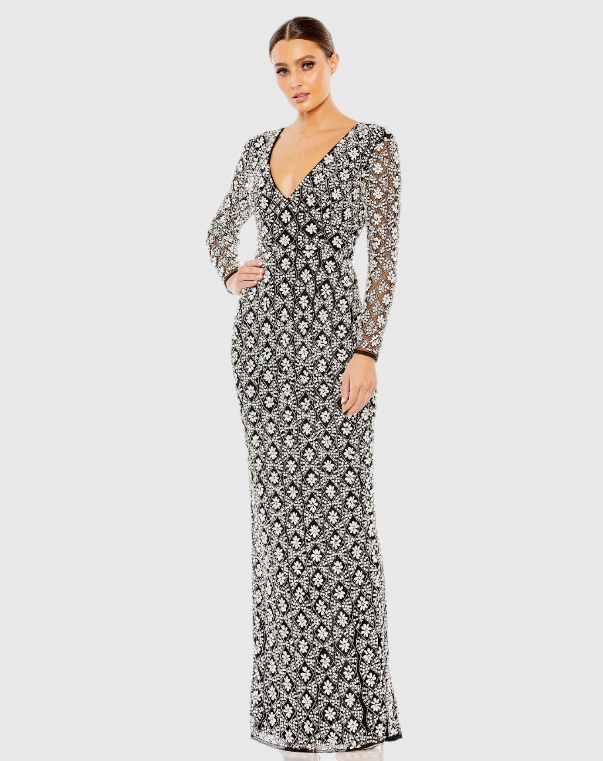 Fully Beaded Long Sleeve Column Gown