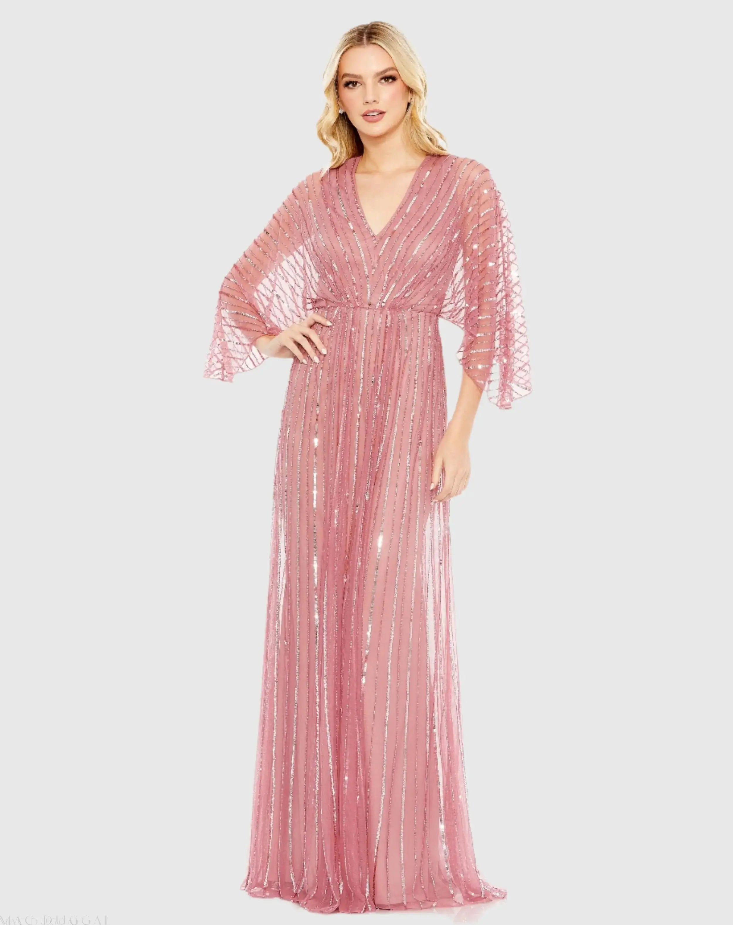 Pink Beaded Striping Kimono Sleeve V Neck Gown - Mac Duggal