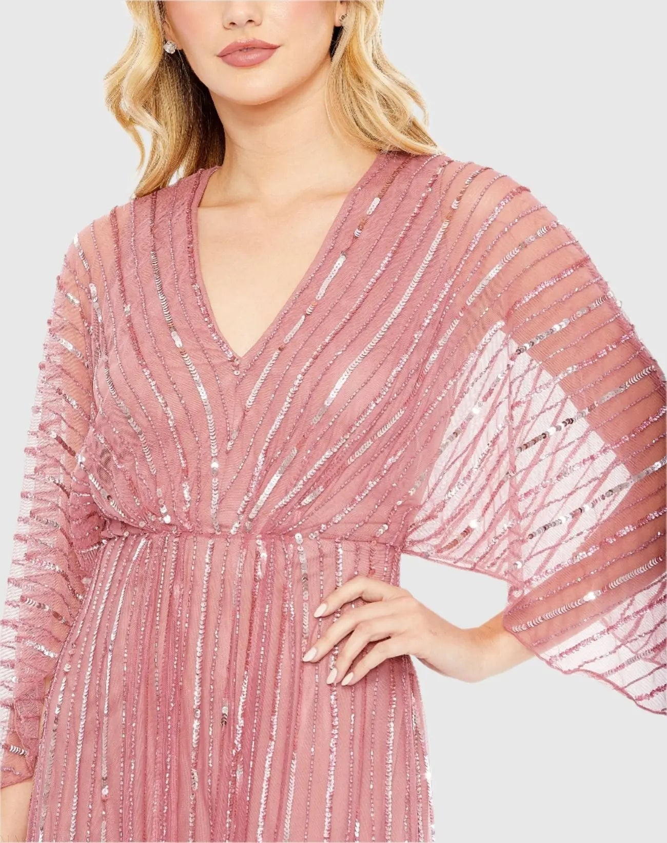 Pink Beaded Striping Kimono Sleeve V Neck Gown - Mac Duggal