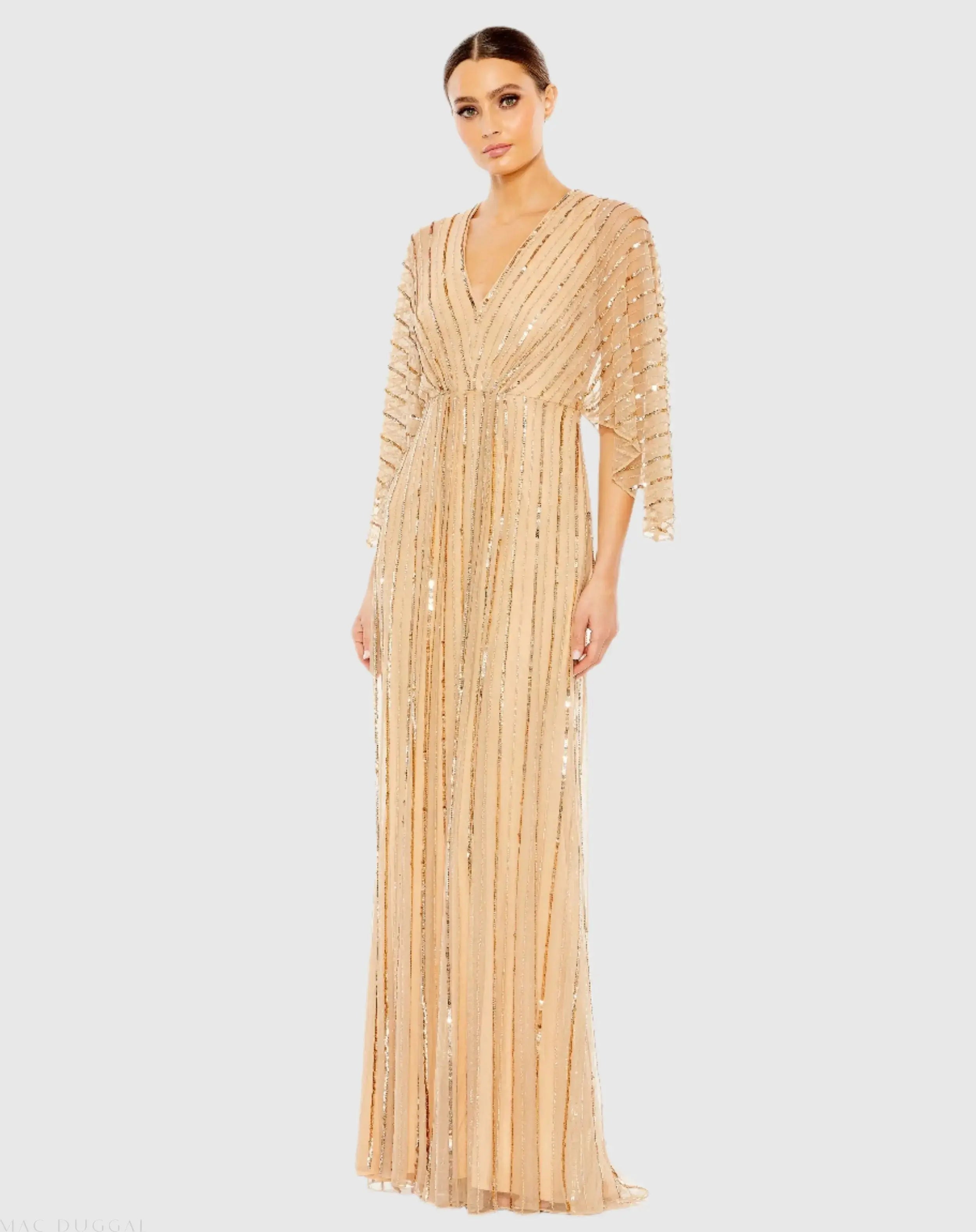 Beige Beaded Striping Kimono Sleeve V Neck Gown - Mac Duggal