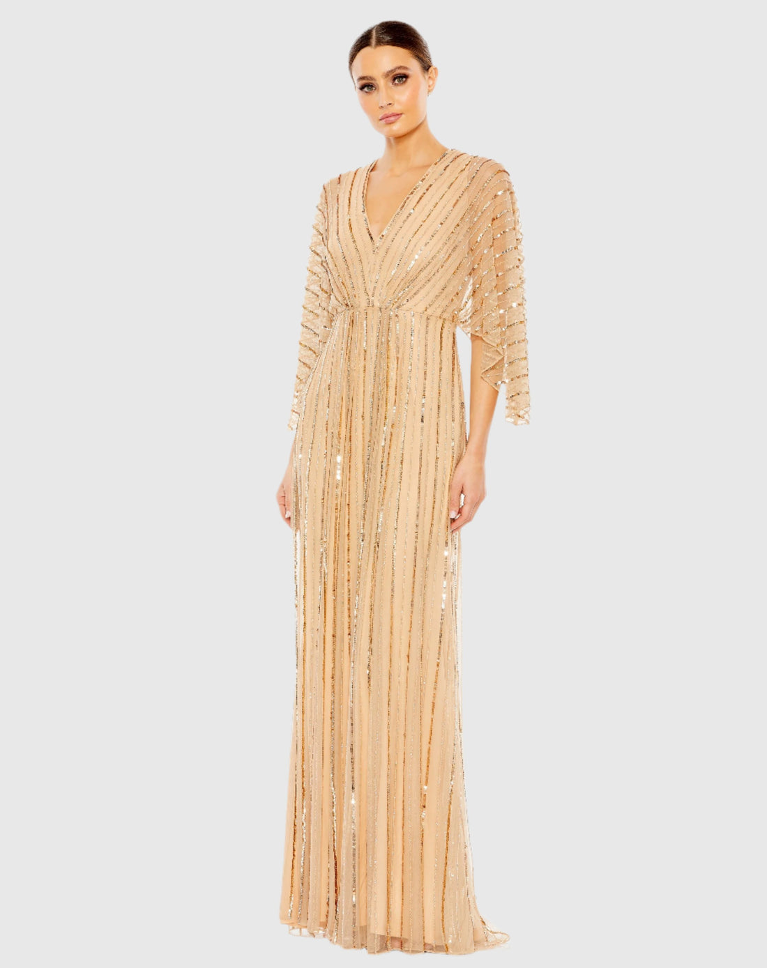 Beaded Striping Kimono Sleeve V Neck Gown