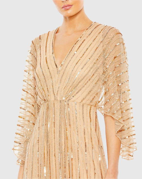 Neutral Beaded Striping Kimono Sleeve V Neck Gown