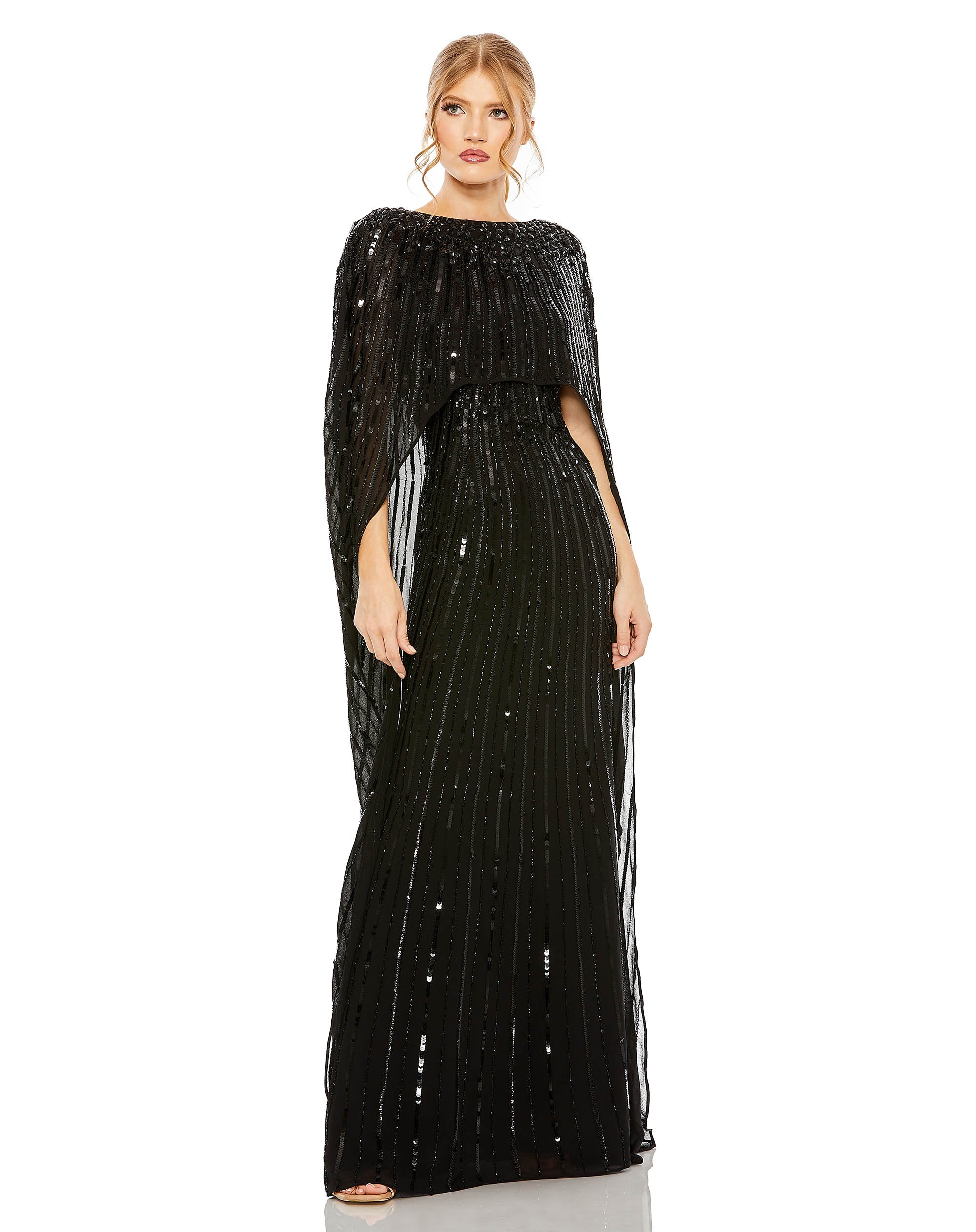 Embellished Column Cape Gown