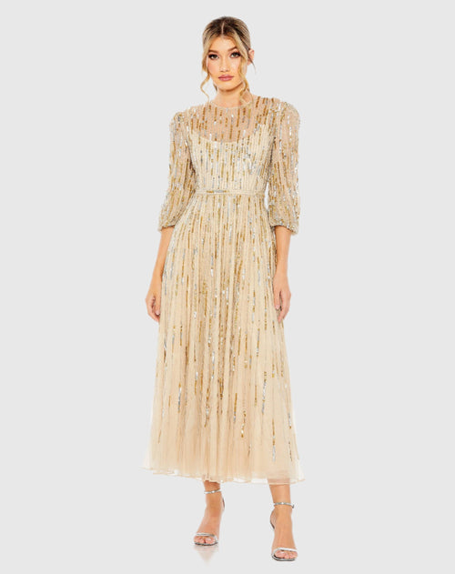 Gold Beaded High Neck Midi Dress