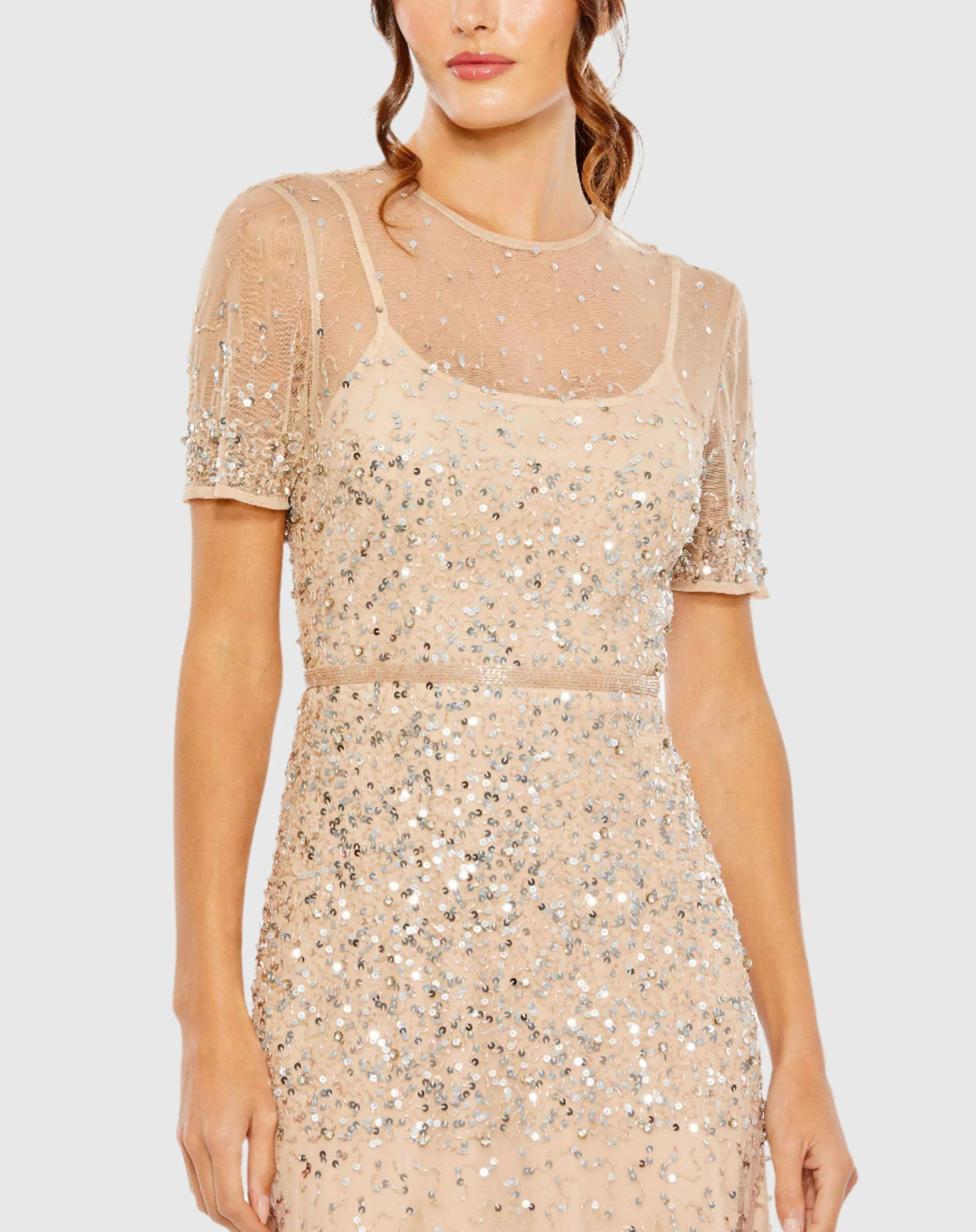 Gold High Neck Short Sleeve Sequin Embellished Gown - Mac Duggal