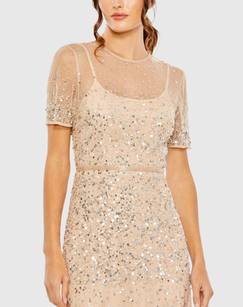 High Neck Short Sleeve Sequin Embellished Gown