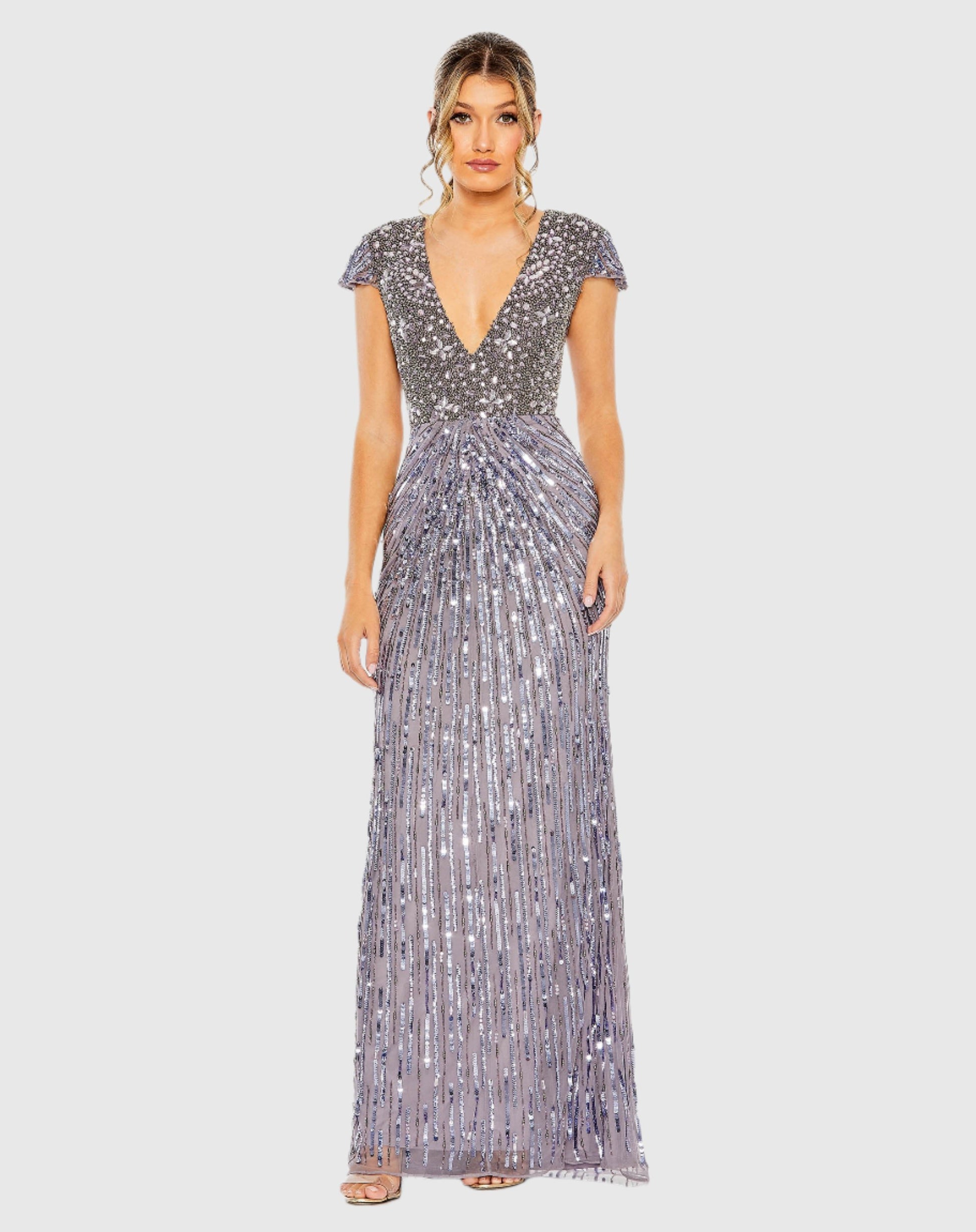 V Neck Cap Sleeve Hand Embellished Gown