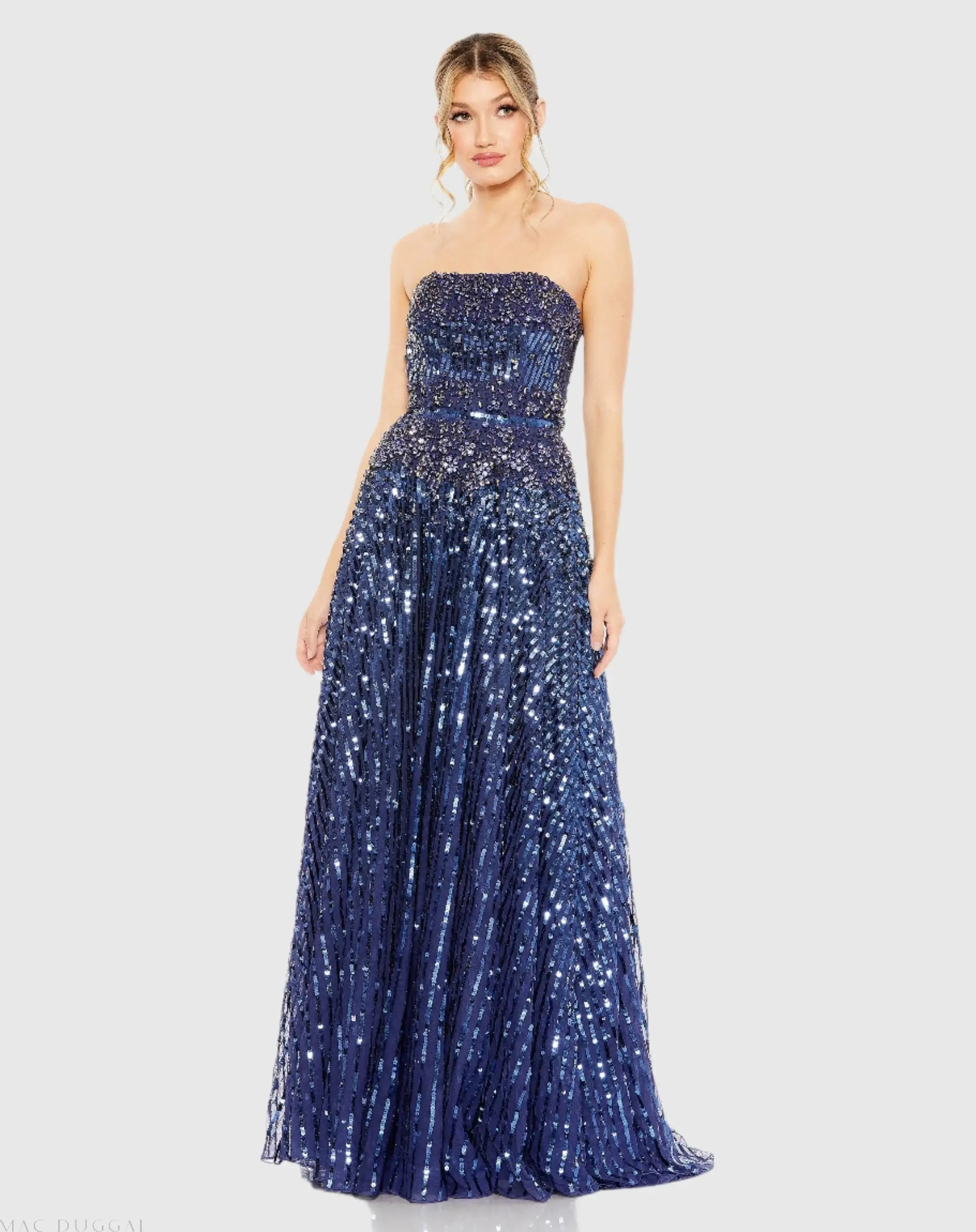Navy Strapless Hand Embellished Beaded A Line Gown - Mac Duggal