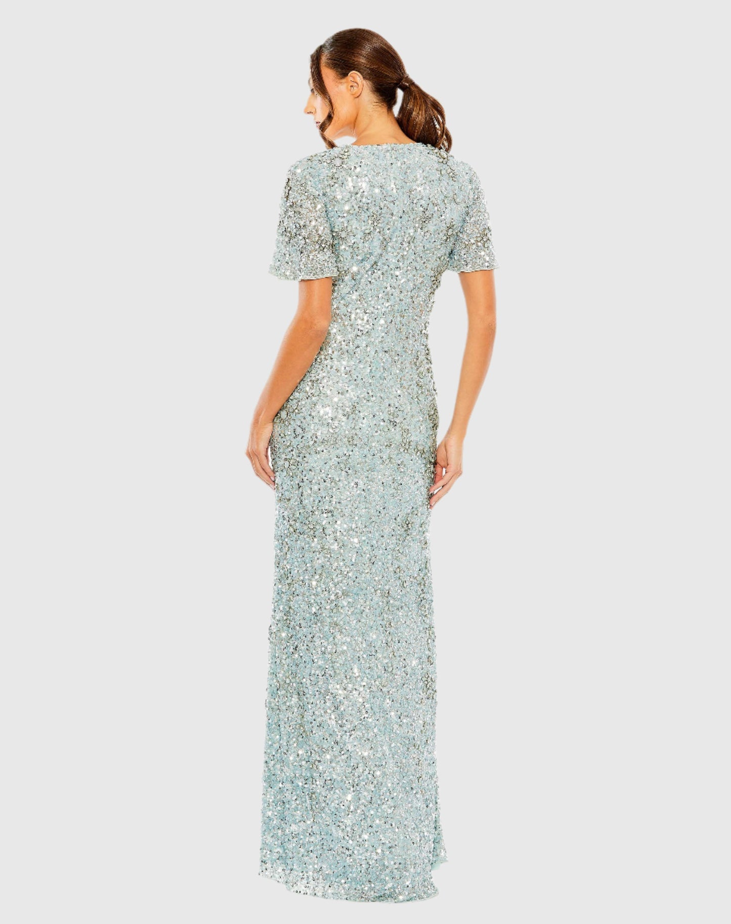 Flutter Sleeve Sequin High Neck Gown