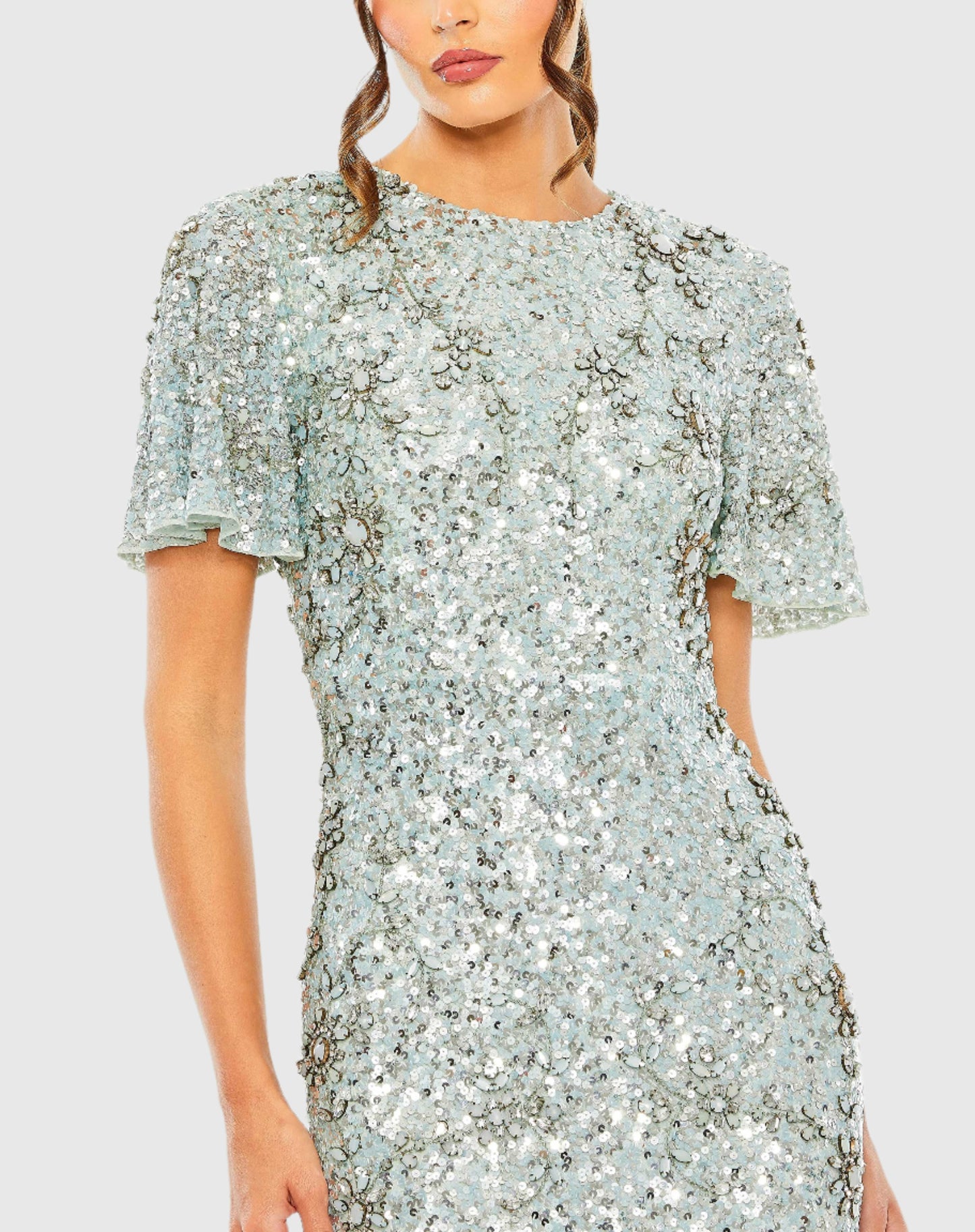 Flutter Sleeve Sequin High Neck Gown