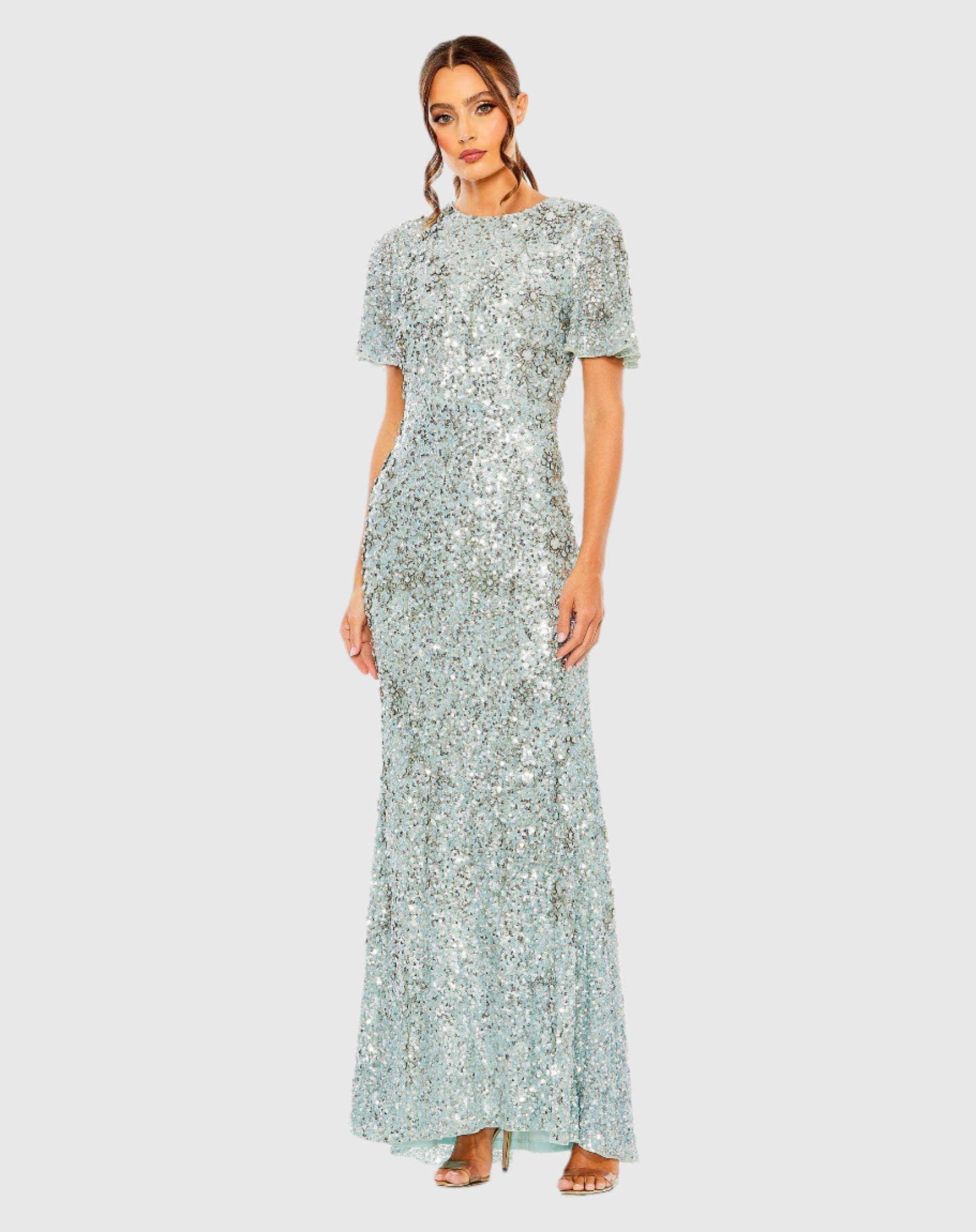 Flutter Sleeve Sequin High Neck Gown