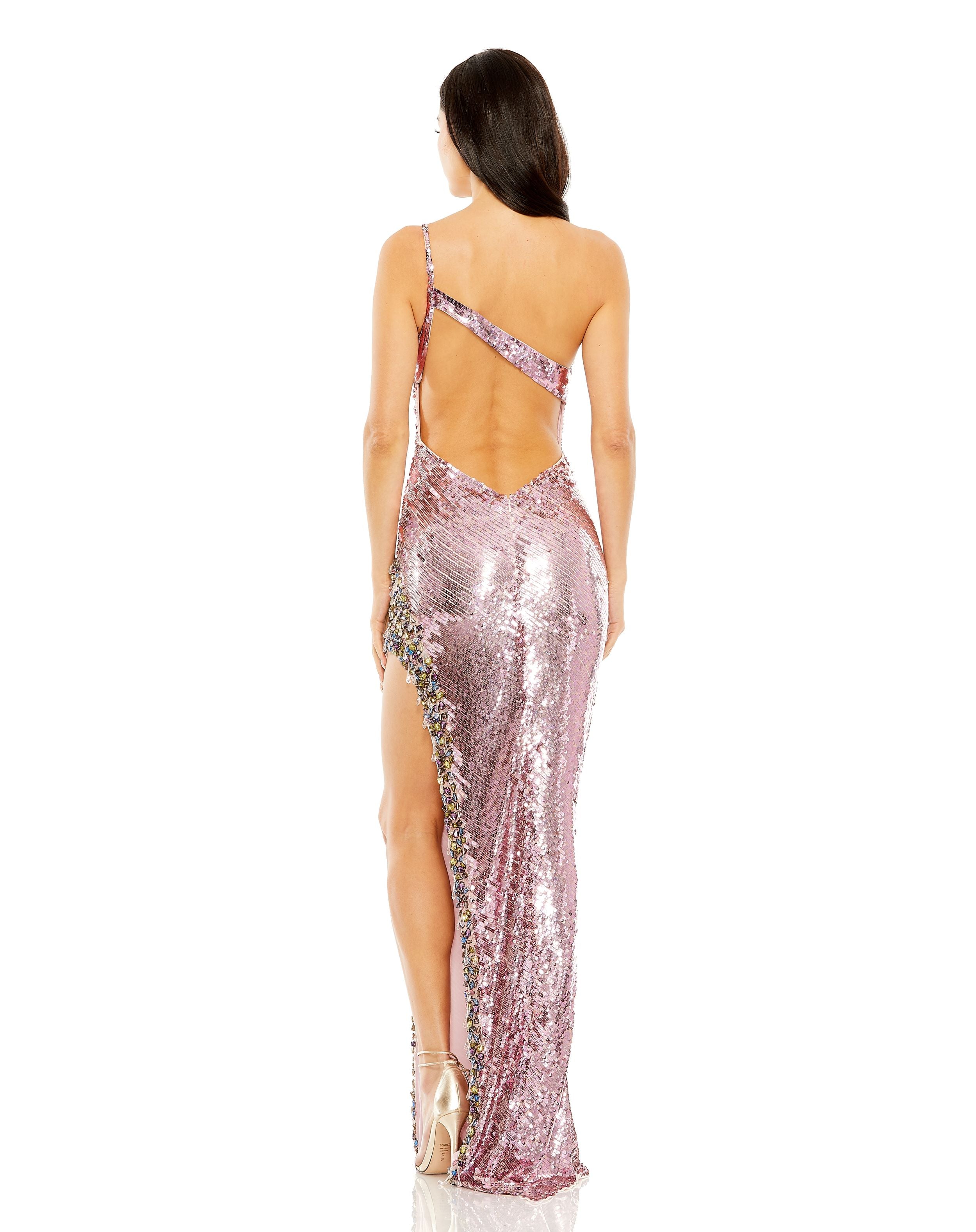 One Shoulder Sequin Gown with Rhinestone Detail