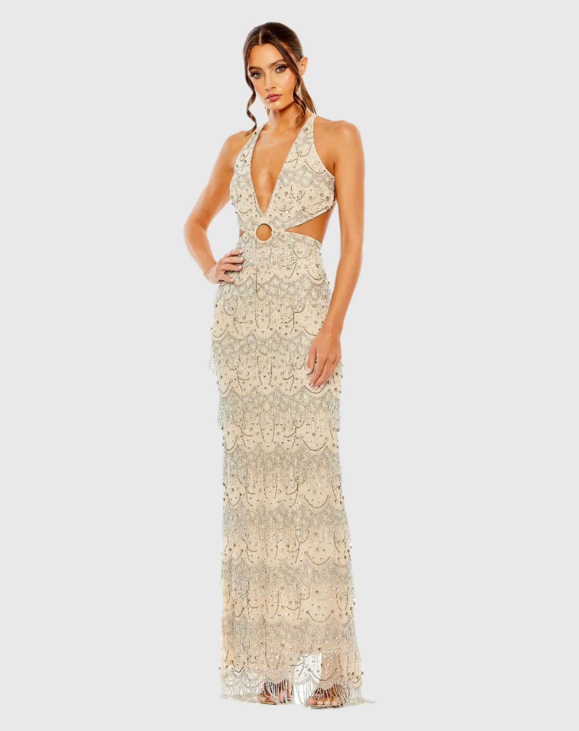 Open Back Cut Out Fringe Embellished Gown - Mac Duggal