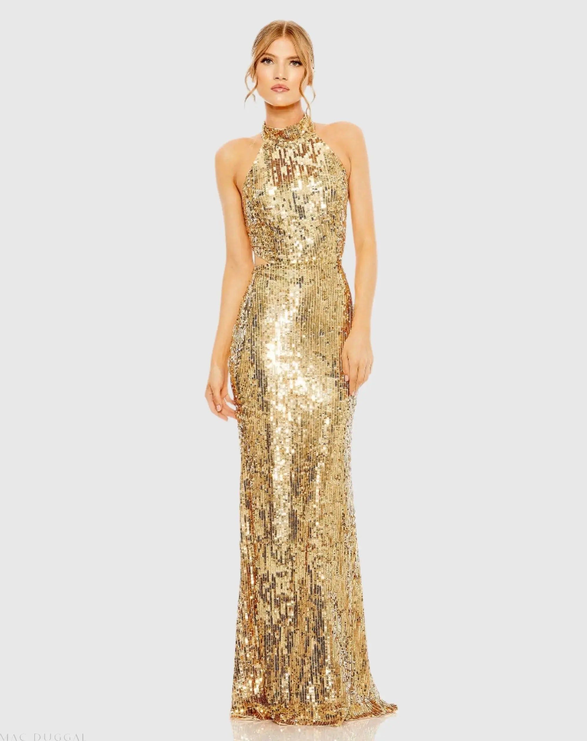 Gold Open Back High Neck Sequin Gown - Mac Duggal