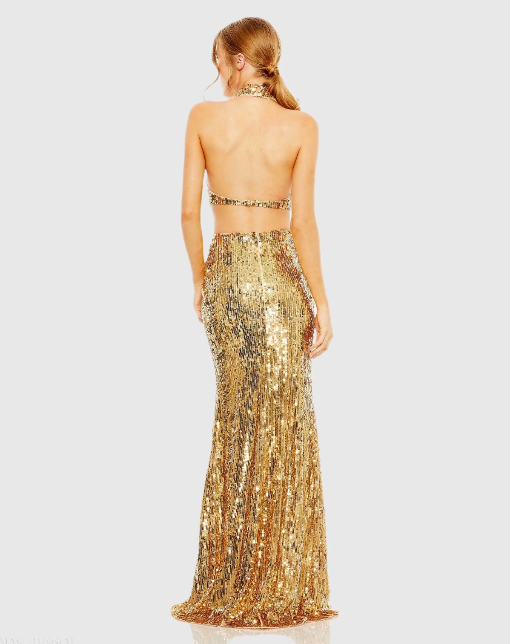 Gold Open Back High Neck Sequin Gown - Mac Duggal