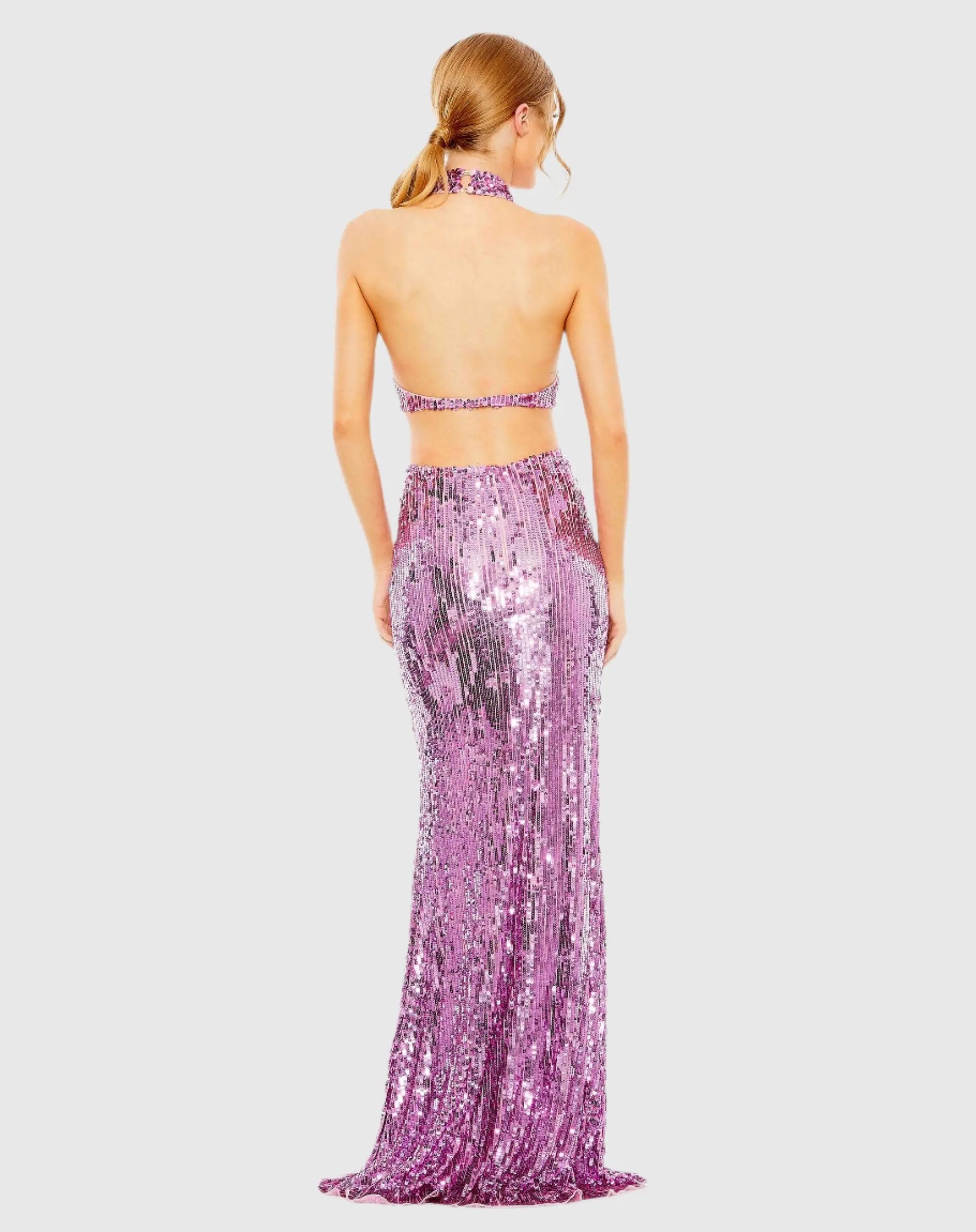 Purple Open Back High Neck Sequin Gown - Mac Duggal