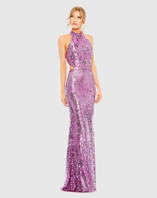 Open Back High Neck Sequin Gown