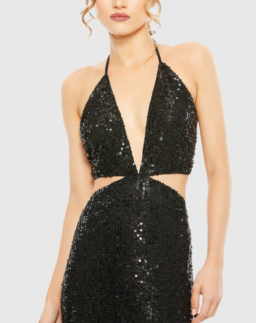 Cut Out Halter Tie Back Sequin Gown